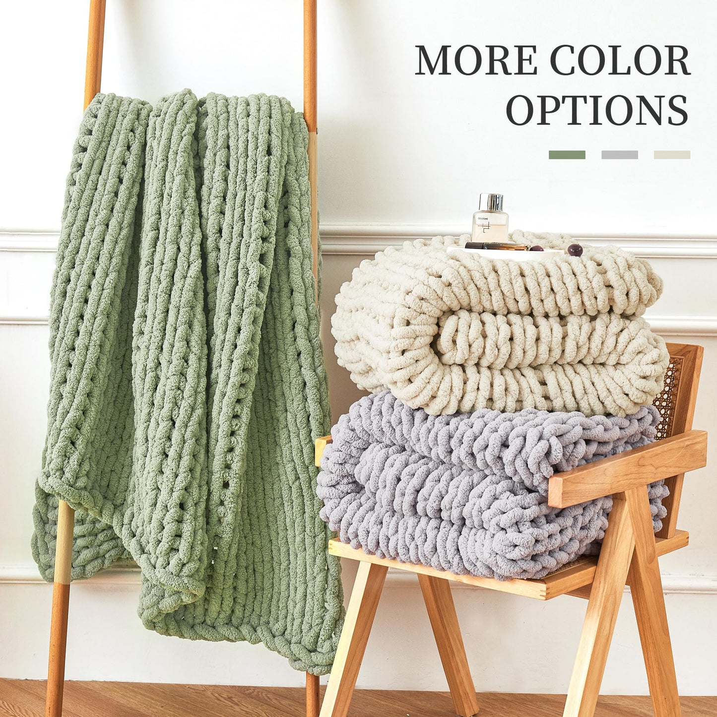 Admitrack Chunky Knit Blanket Throw, 100% Hand Knit Chenille Throw Blanket for Sofa & Home Decor, Soft and Cozy Knitted Throw Blankets (Ivory, 60"x80")