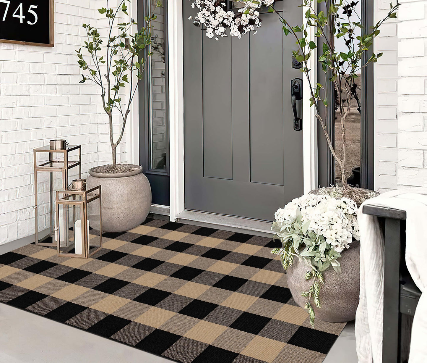 Washable Outdoor Rug 3'x5',Black and Tan Checkered Rug Cotton Woven Washable Farmhouse Front Door Mat Outdoor for Entryway,Patio,Bedroom,Hello Welcome Mat