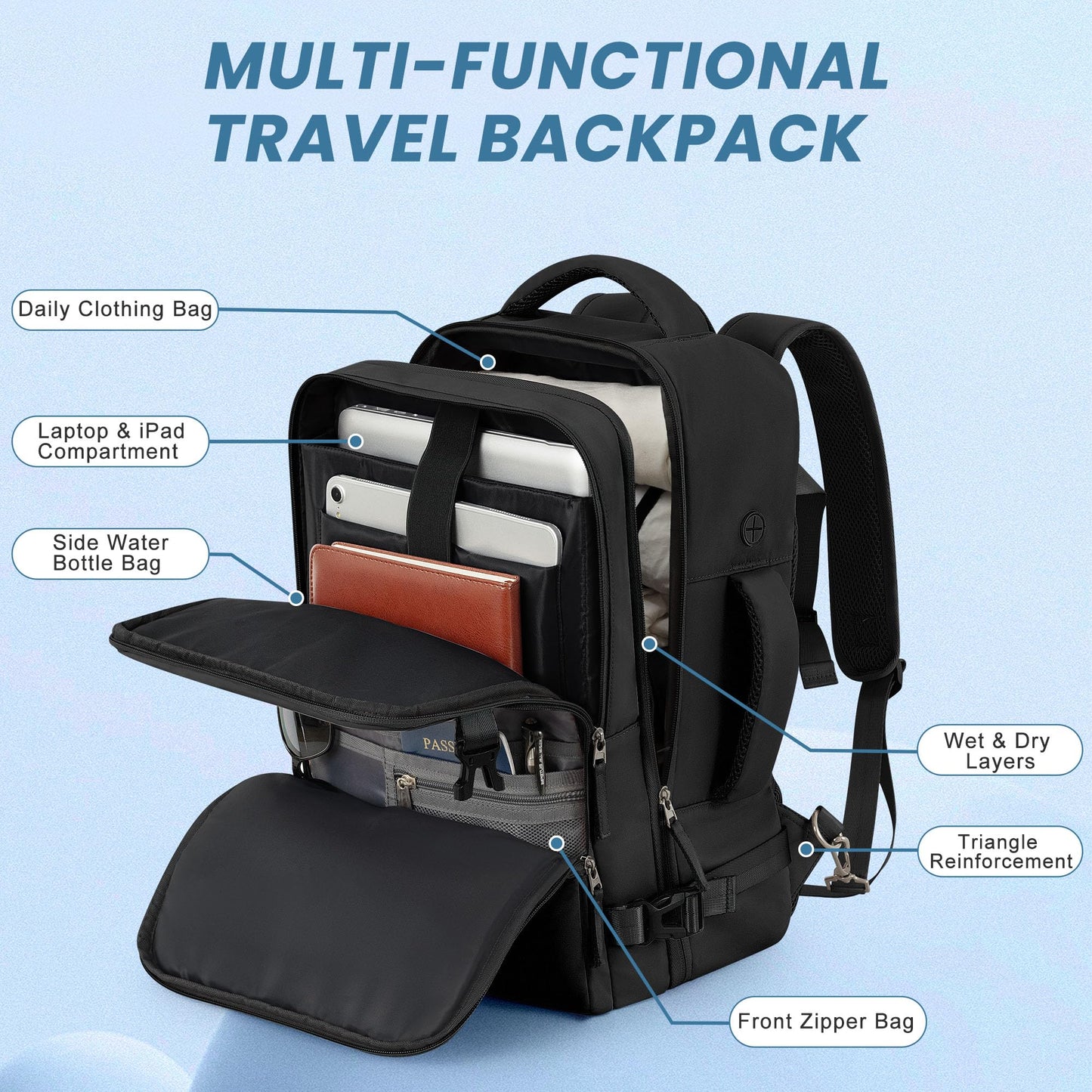 Sinaliy Travel Backpack, Carry on Flight approved Travel Bag with Multi-Pockets, Waterproof 17.3inch Laptop Backpack for Men Women, Black