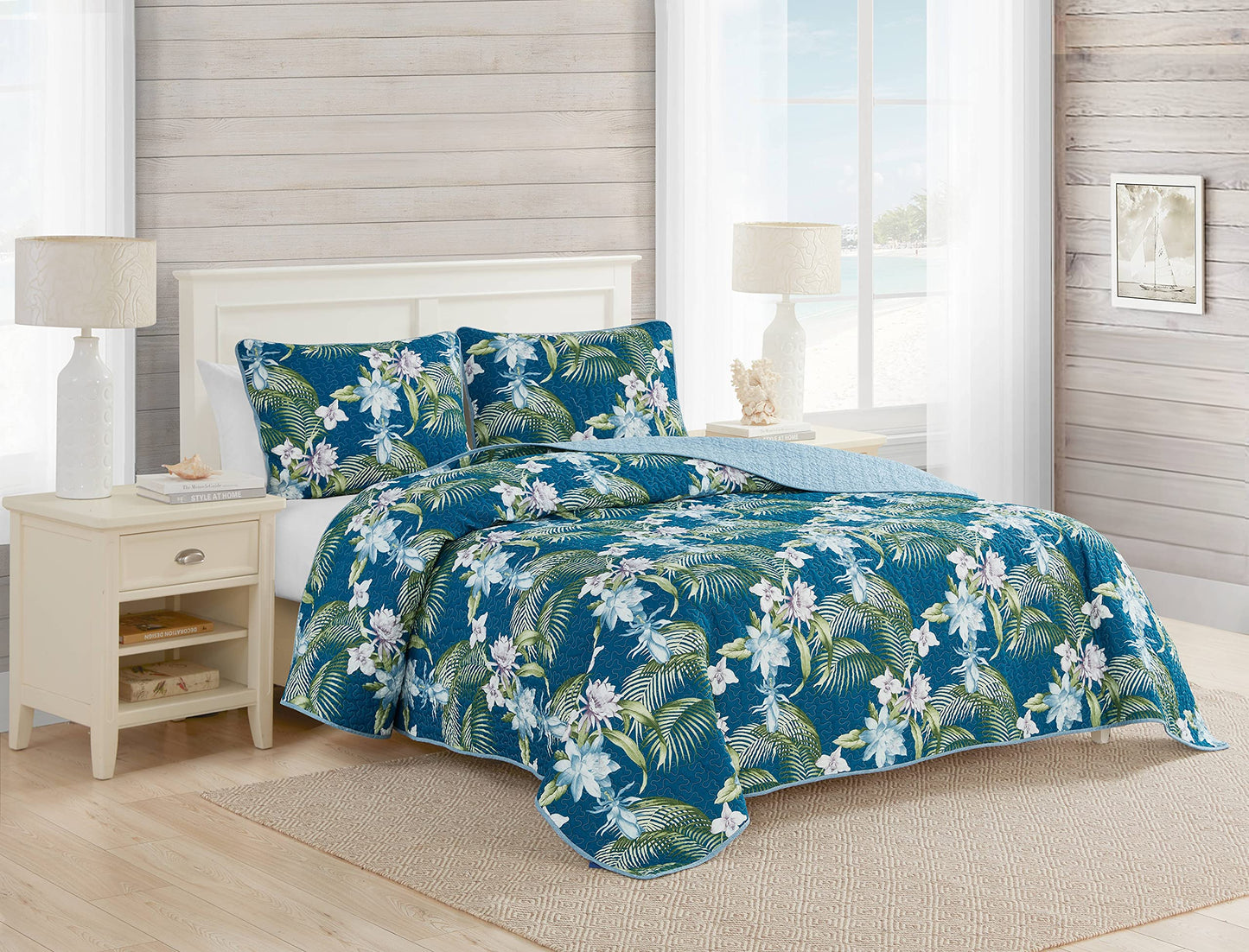 Tommy Bahama - Queen Quilt Set, Reversible Cotton Bedding with Matching Shams, Breathable Bedding Set for All Seasons (Southern Breeze Dark Blue, Queen)