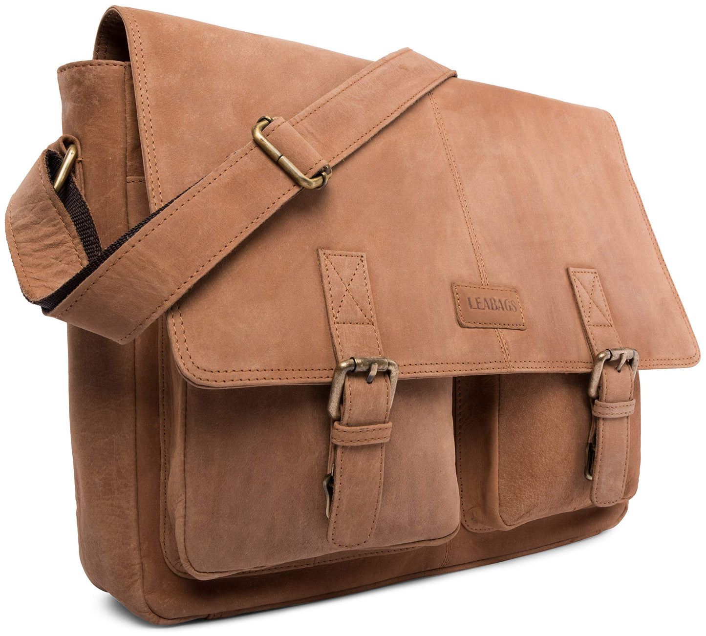 LEABAGS Leather Briefcases for Men - Genuine Leather Cambridge 15 Inch Laptop Bag - Messenger Bag Vintage Shoulder Bag