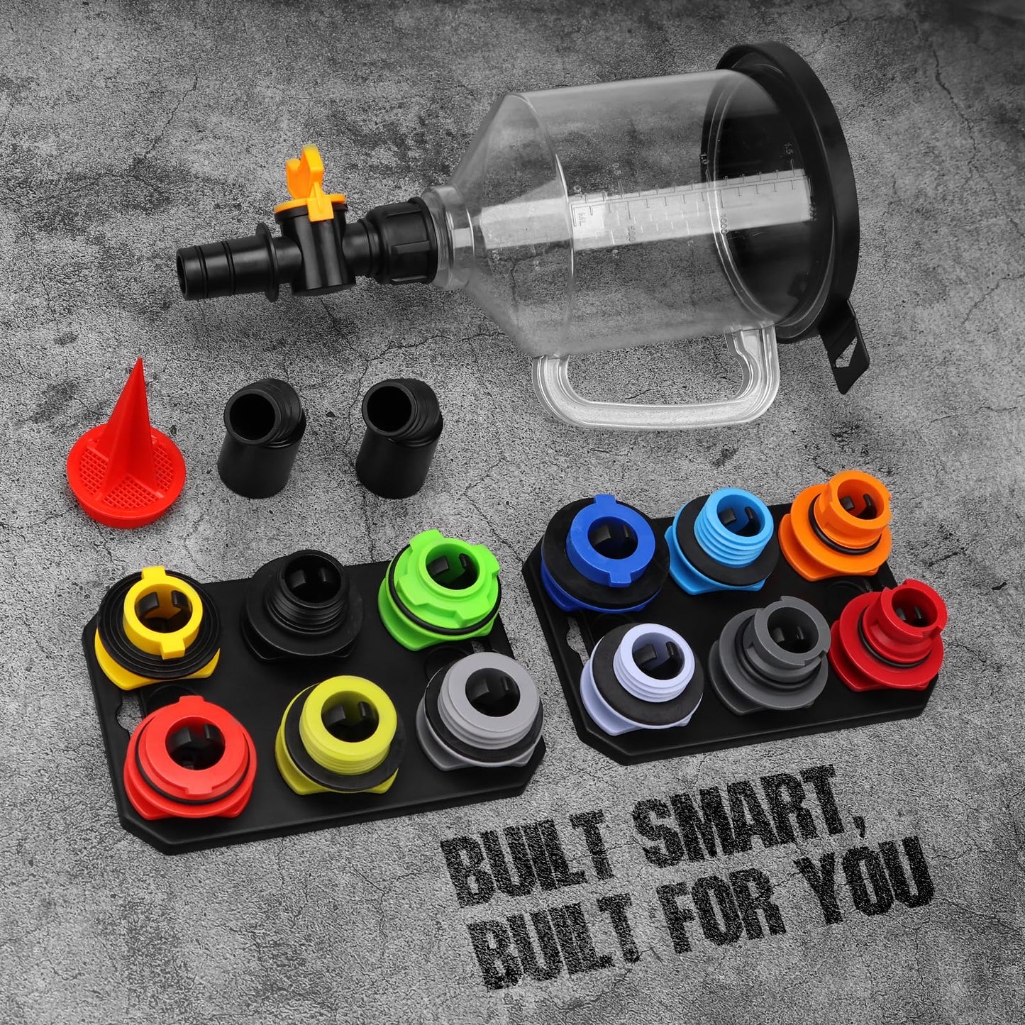 18-Piece No Spill Engine Oil Funnel Kit, 1.59QT/ 1.5L Automotive Coolant Funnel Set, 12 Adapters, Elbow Fitting, Arrow Screen & Magnetic Tray, Compatible with GM, Ford, BMW, Audi, Land Rover Etc