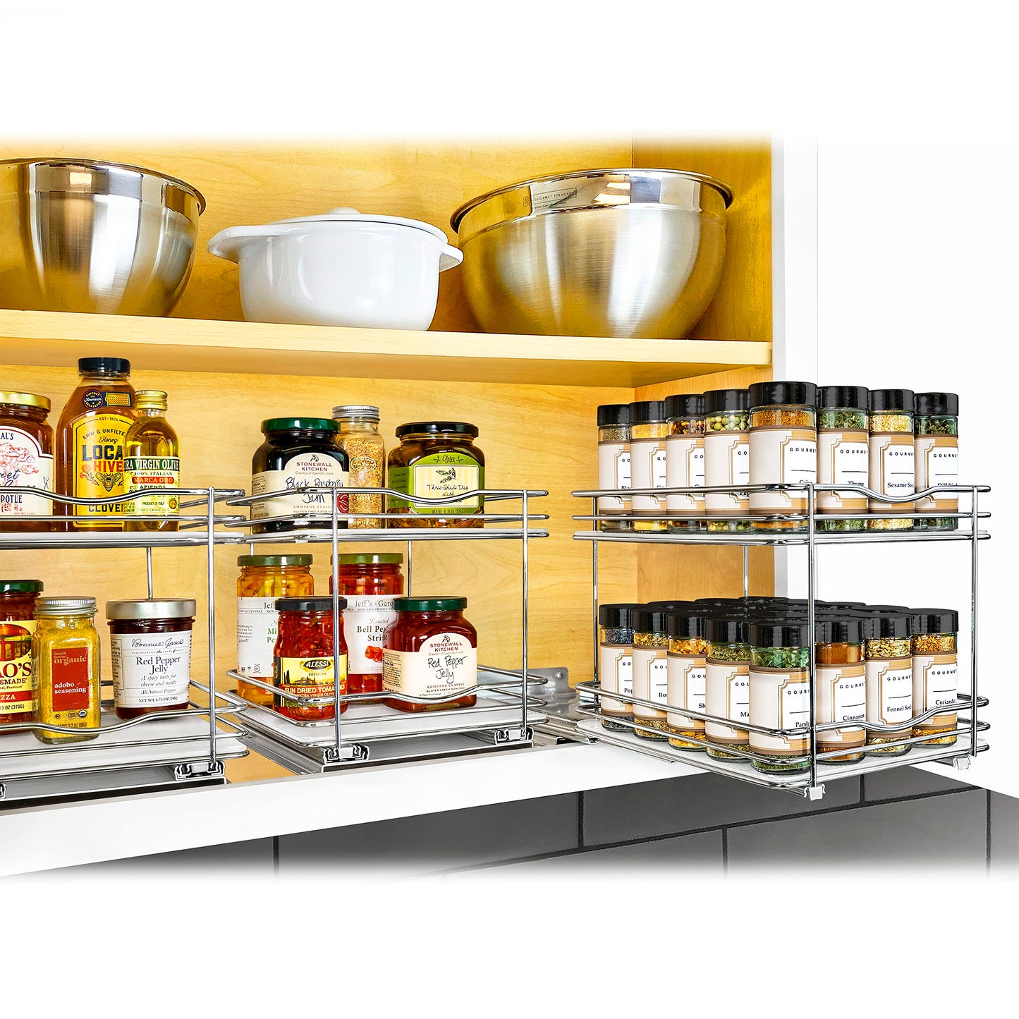 LYNK PROFESSIONAL® Pull Out Spice Rack Organizer for Inside Kitchen Cabinets - 8-1/4 inch Wide - Slide Out Drawer – Chrome Sliding Spice Cabinet Organization Shelf Racks - 2 Tier