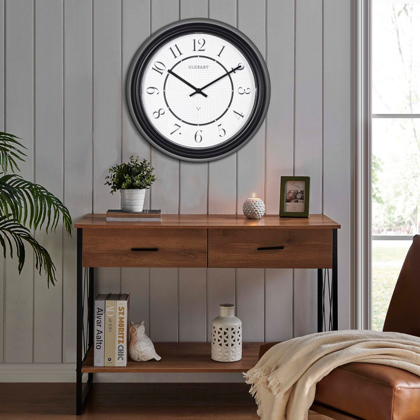 CLXEAST 14 Inch LED Illuminated Indoor Outdoor Atomic Analog Wall Clock Battery Operated, Glow in The Dark Wall Clock for Living Room, Home Office,Bathroom,Kitchen,Oil Rubbed Bronze Black Finish