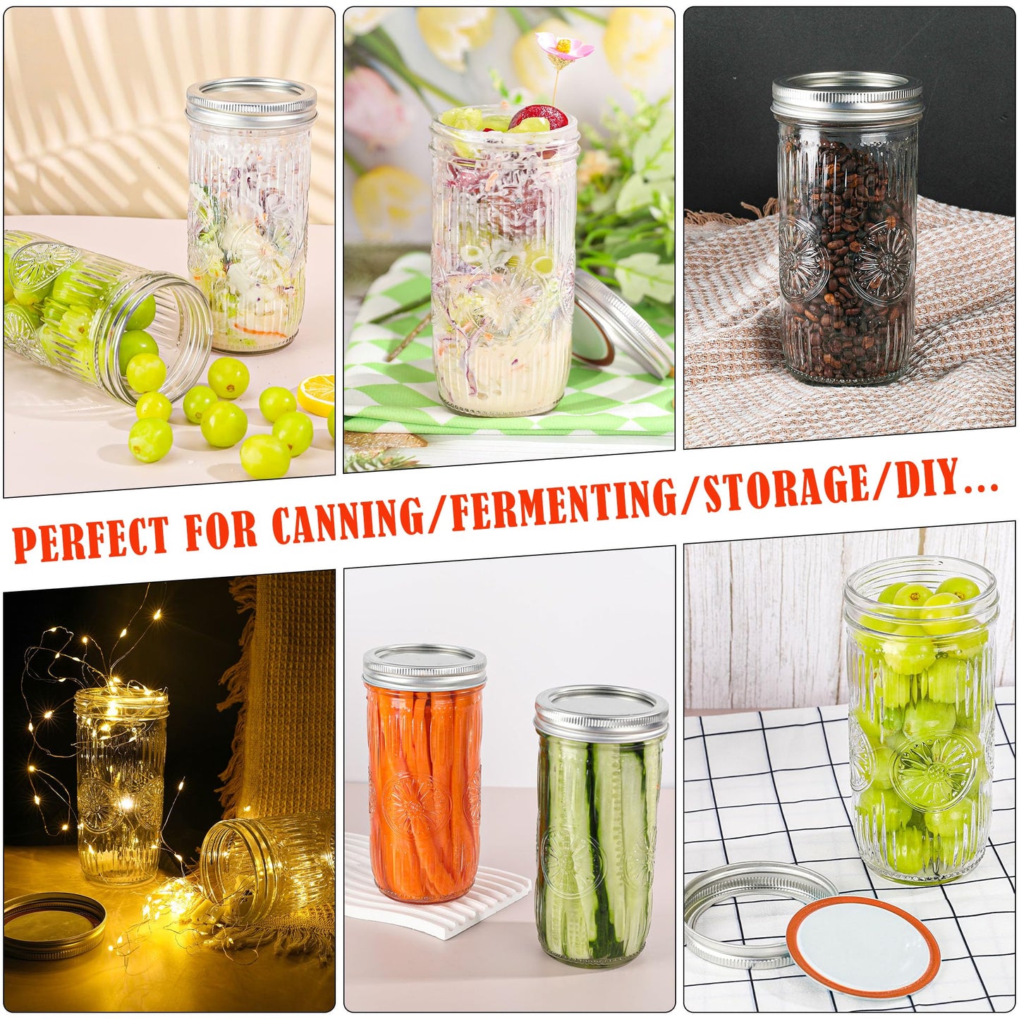 Qumuauu 12 Pack 24 oz Tall Wide Mouth Mason Jars – Pint and a Half Glass Canning Jars with Airtight Metal Lids & Bands for Pickling, Fermenting, Cold Brew, Overnight Oats, Meal Prep