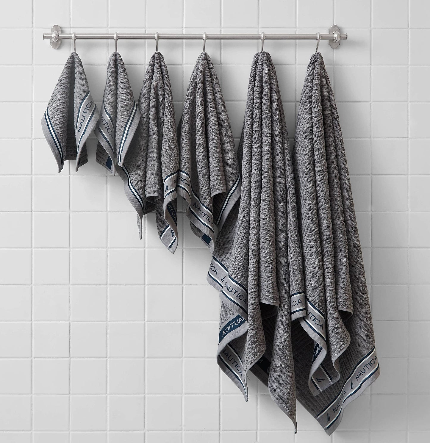 Nautica – Bathroom Towels, Washcloth, Bath & Hand Towel Set, Highly Absorbent Ribbed Terry Cotton, Set of 6, College Dorm Room Essentials (Signature Grey)