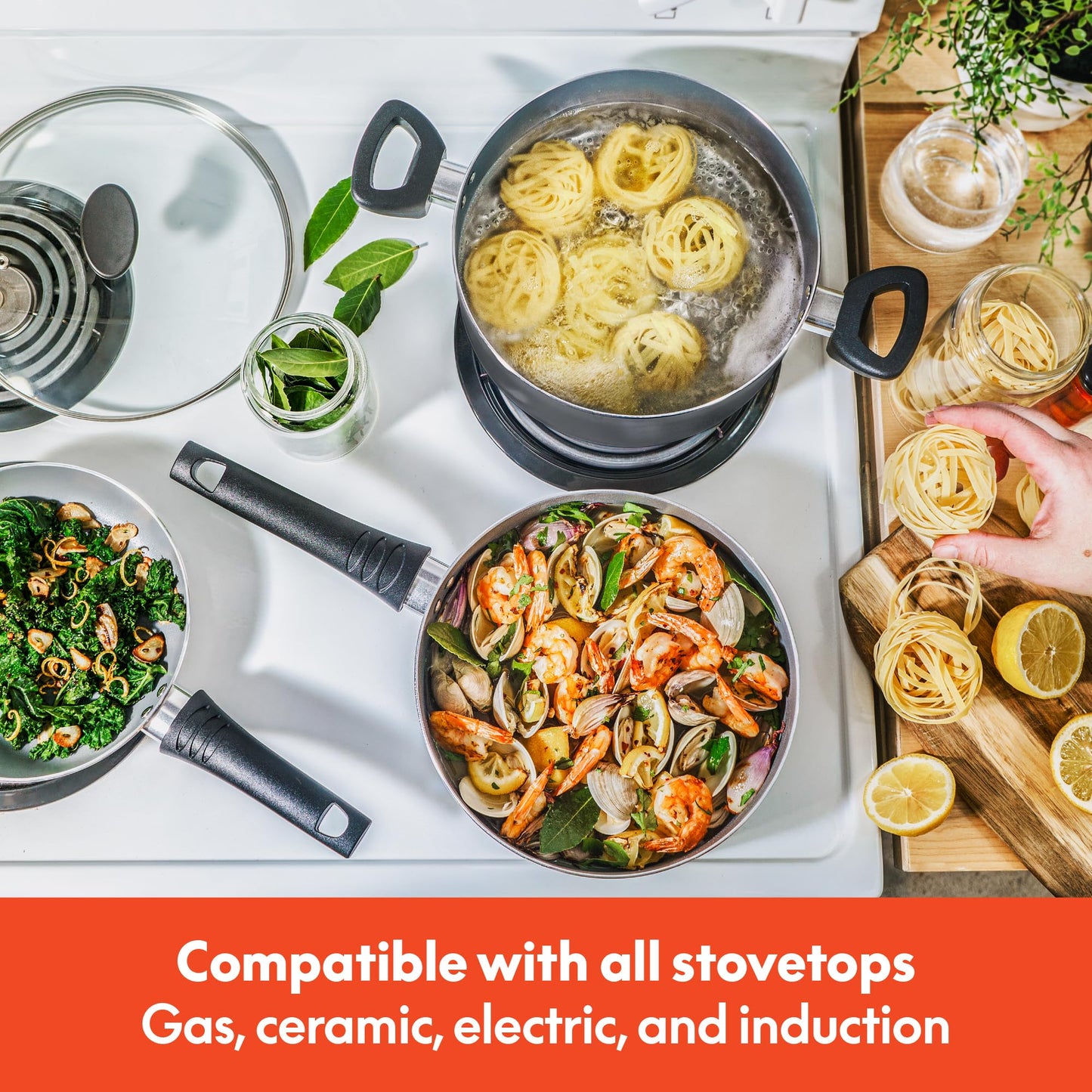 bella Cookware Set with Glass Lids with Nonstick, PFOA Free and Scratch Resistant Surface, Aluminum Bakeware, Pots and Pans, Storage Bowls & Utensils, Compatible with All Stovetops, 21 Piece, Gray