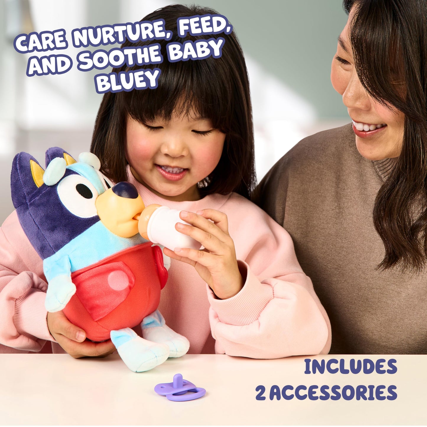 Bluey Baby Pampering & Caring, Feeding & Soothing Baby, 28cm Electronic Plush Toy with 10 Different Baby Sounds, 2 Accessories and Removable Diaper