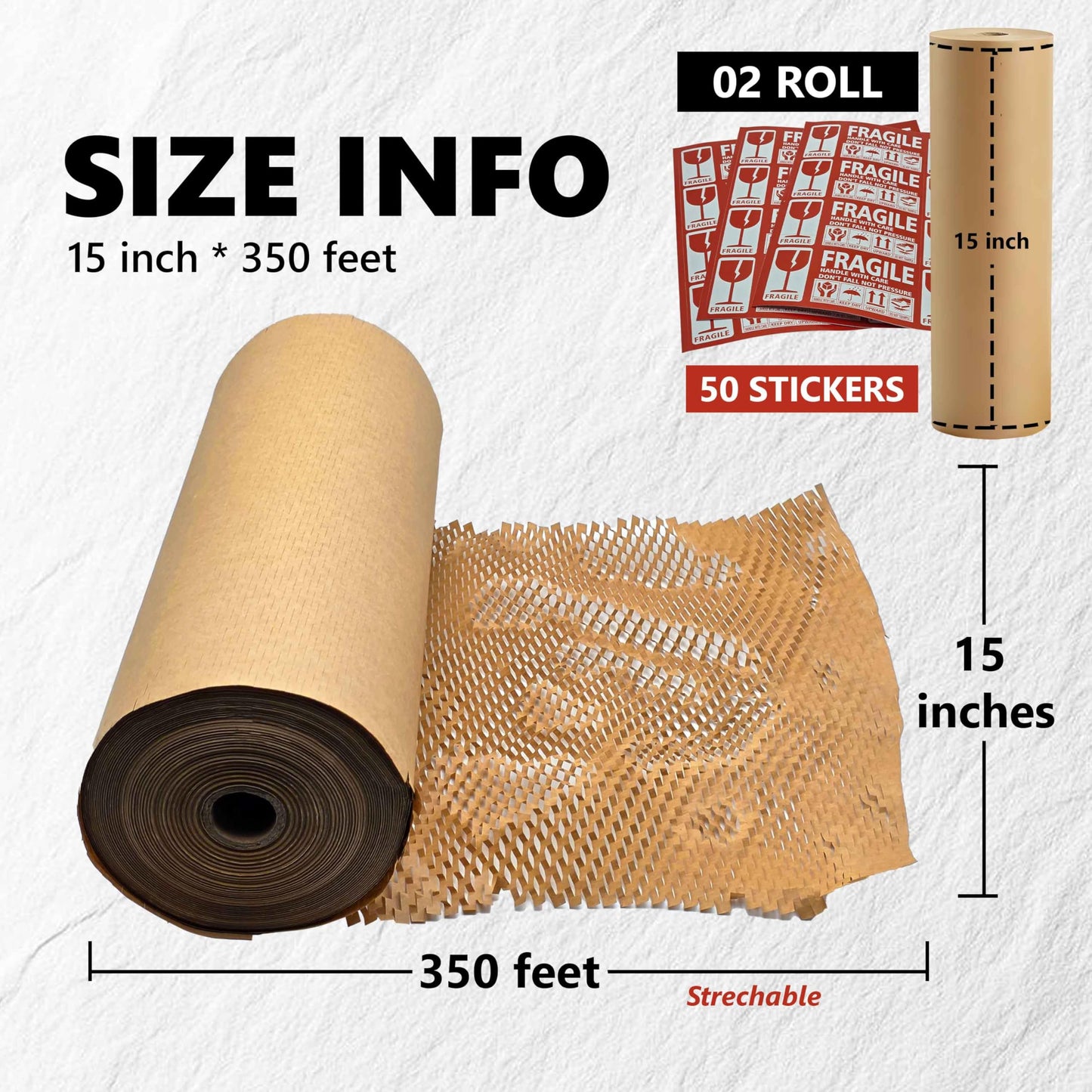 15”x700’ Honeycomb Paper, Honeycomb Packing Paper for Moving Packing Materials for Fragile Items, 2 rolls Each of 350ft With 50 Fragile Sticker Labels