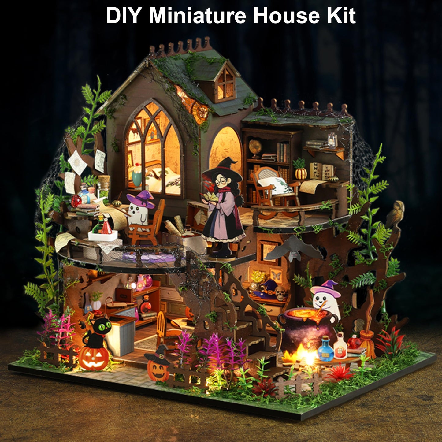 ISSEVE DIY Miniature House Kit, Mini Model House Building Kits for Adults, Tiny House Dollhouse Kit, Halloween Christmas Home Decoration, Gifts for Family and Friends (Magic Castle)