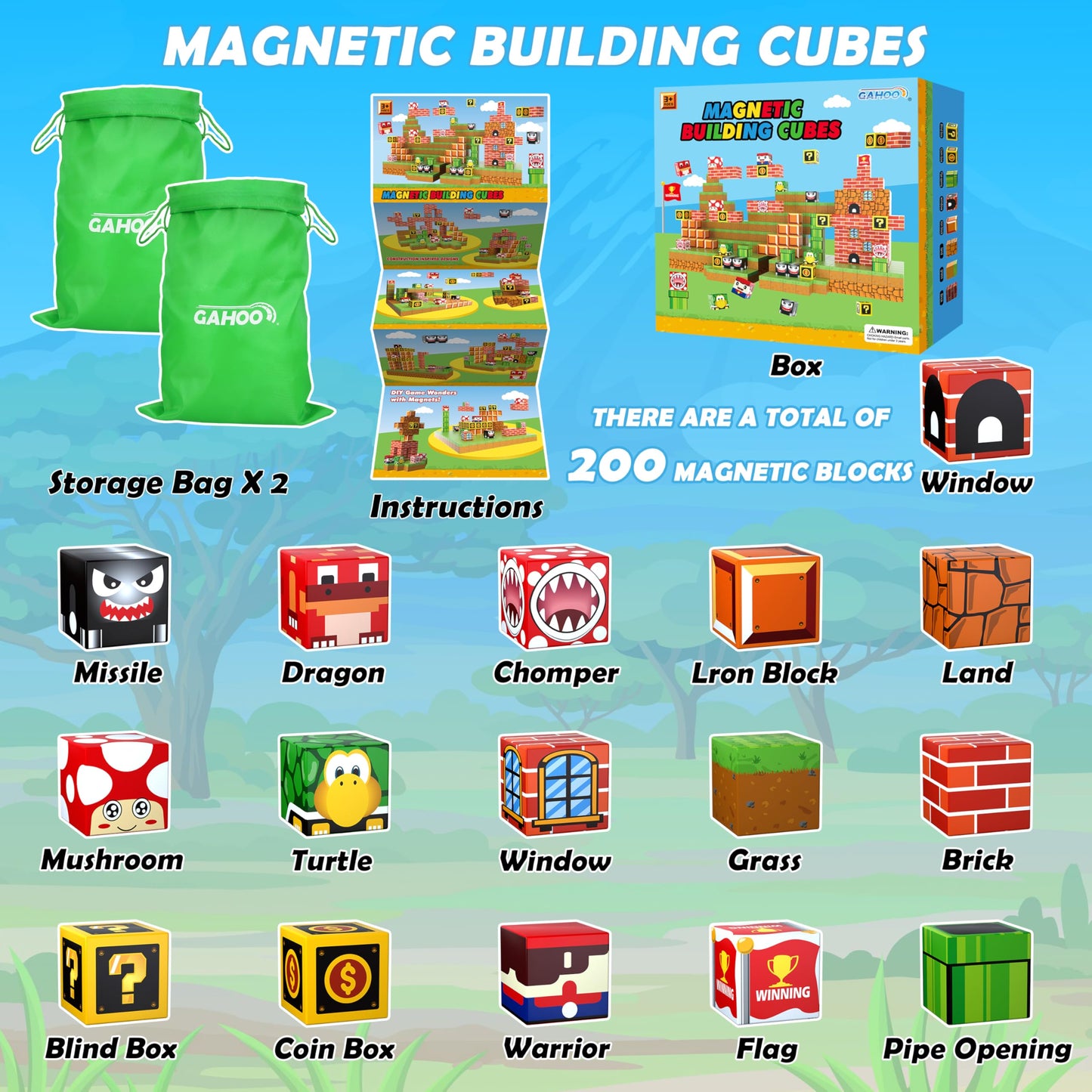 Magnetic Blocks - 200PCS Build 3D Magnet Building Toys World with Magnetic Tiles, STEM Kids Sensory Toys, Toy Magnetic Building Set B-Day Gifts for Age 3 4 5 6-10 Year Old Boys Girls
