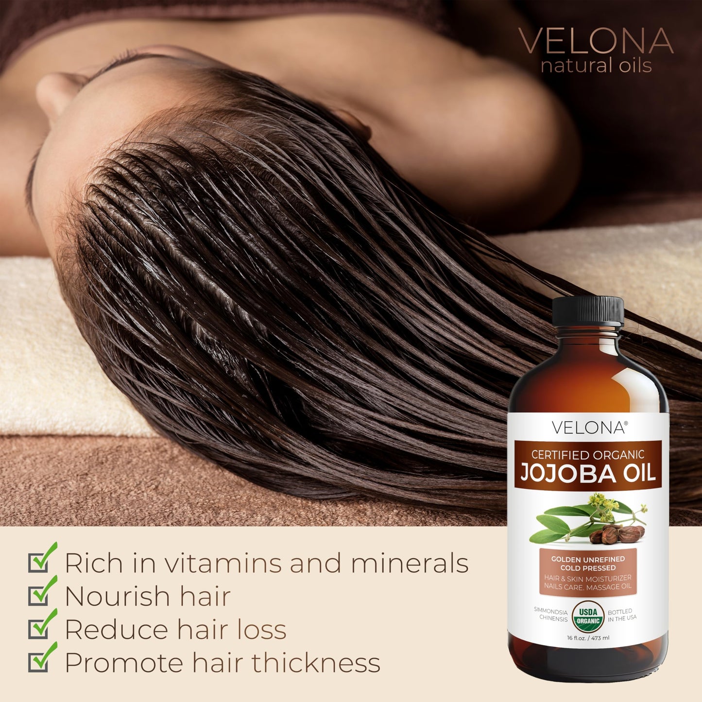 velona USDA Certified Organic Jojoba Oil - 16 oz in Glass Bottle | 100% Pure and Natural | Golden, Unrefined, Cold Pressed, Hexane Free