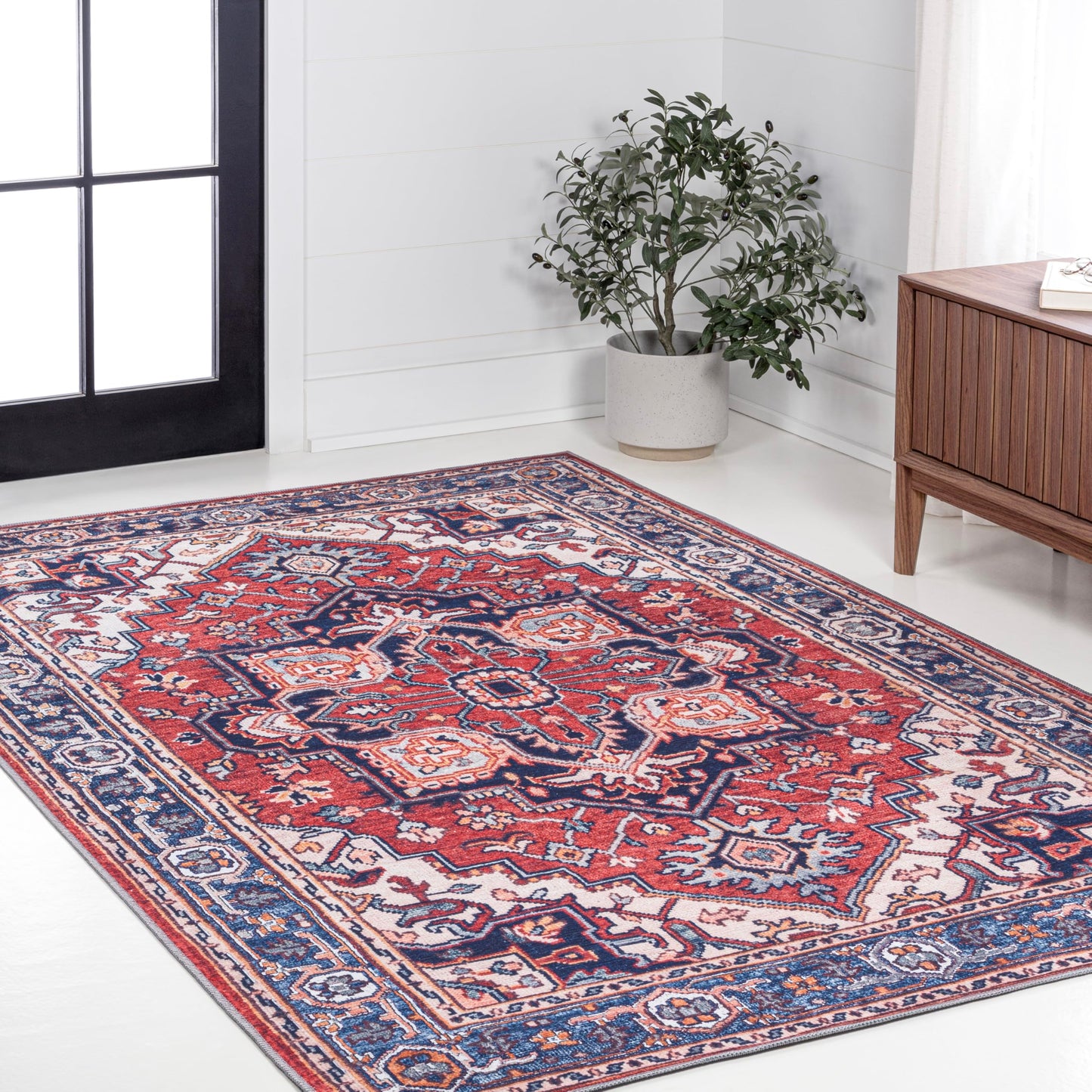JONATHAN Y Machine Washable Red/Navy Indoor Area Rug 4X6 ft, Cirali Ornate Large Medallion for Living Room, Bedroom, Kitchen, Office, Easy-Cleaning, High Traffic, Pet-Friendly, Non-Shedding WSH105A-4