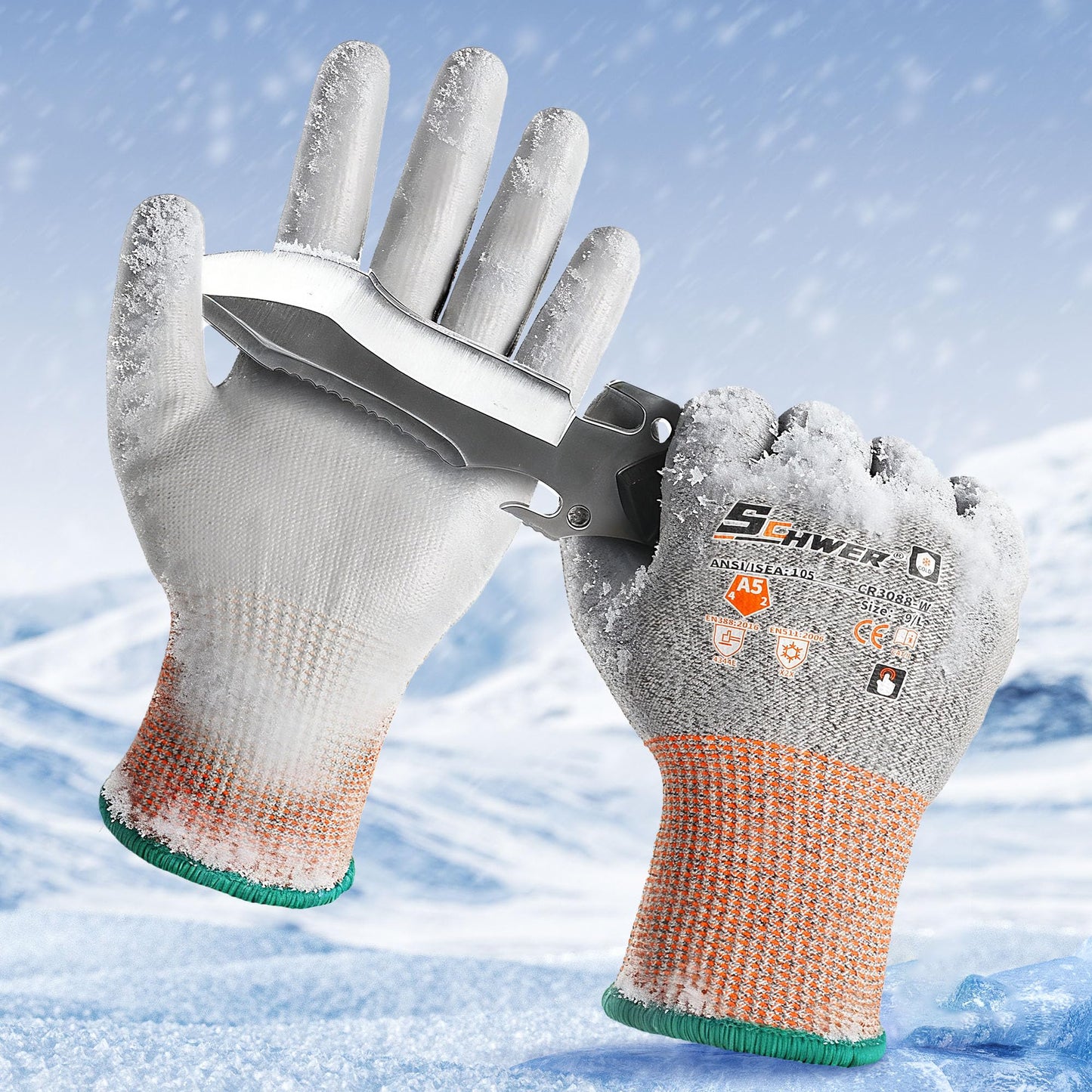 Schwer 12 Pairs Winter Work Gloves, ANSI A5 Cut Resistant Gloves with PU Coating, Freezer Glove for Outdoor Cold Weather, Thermal Insulated, Non Slip, Durable, L, CR3088-W
