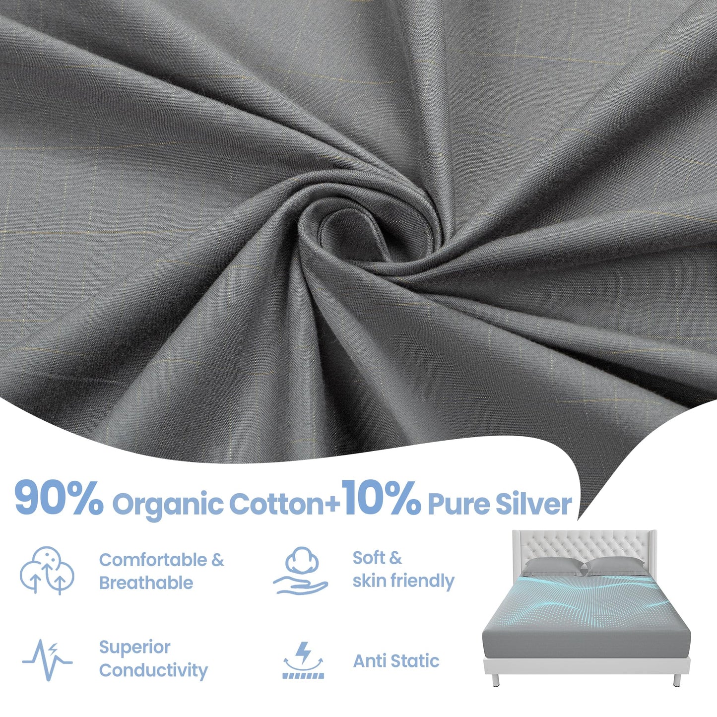 Grounding Sheets Gray Queen Size - 90% Organic Cotton + 10% Pure Silver Fitted Bed Sheet for Earthing - 400 Thread Count Deep Pocket Grounded Bedsheets - Improved Sleep Down to Earth Ground Bedding