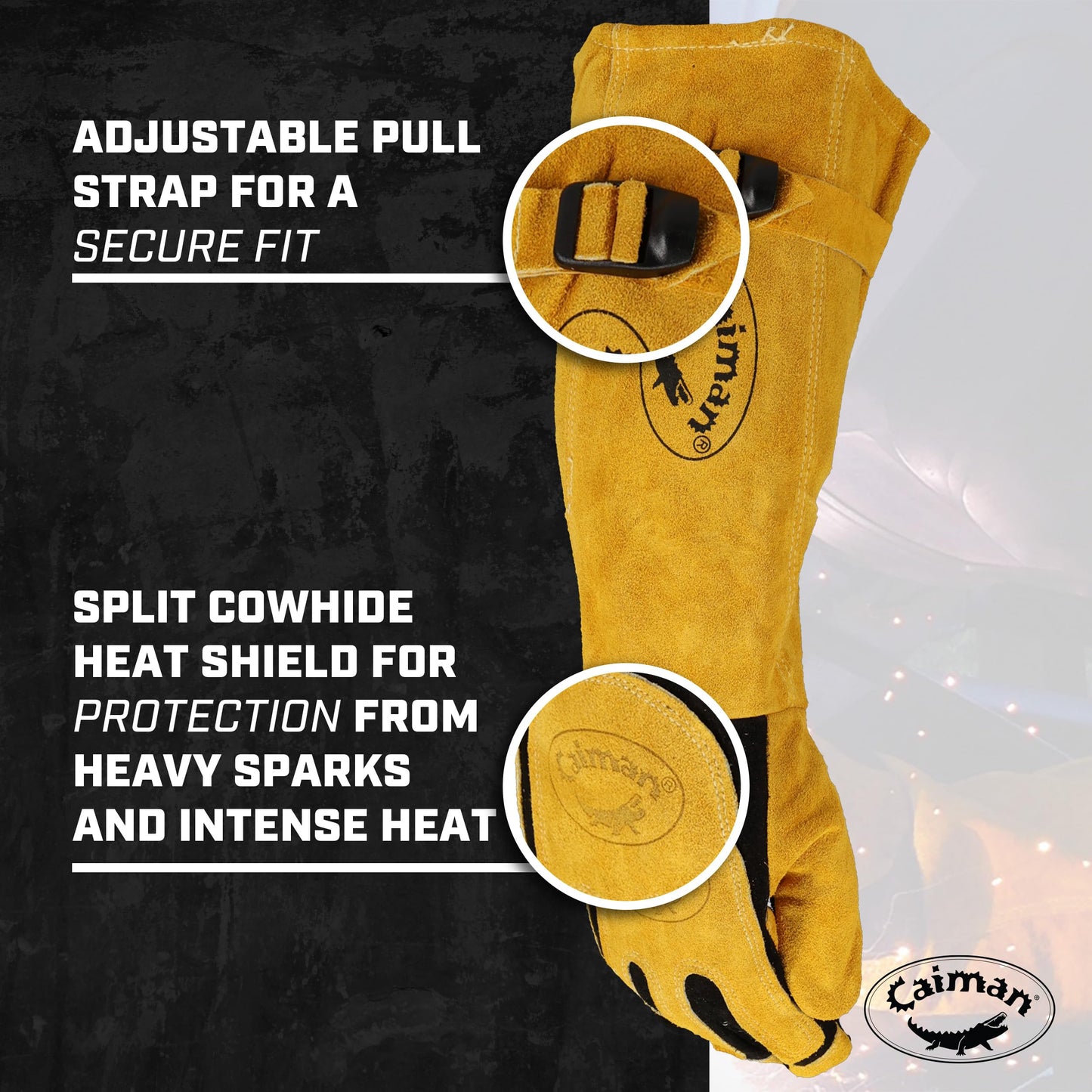 Caiman Premium Split Deerskin MIG/Stick Welding Gloves with Fleece/Foam Insulation, 21-inch length, Split Cowhide Leather Heat Shield Patch, Sock Lined Foam, Kevlar, Black/Gold, X-Large (1878-5)
