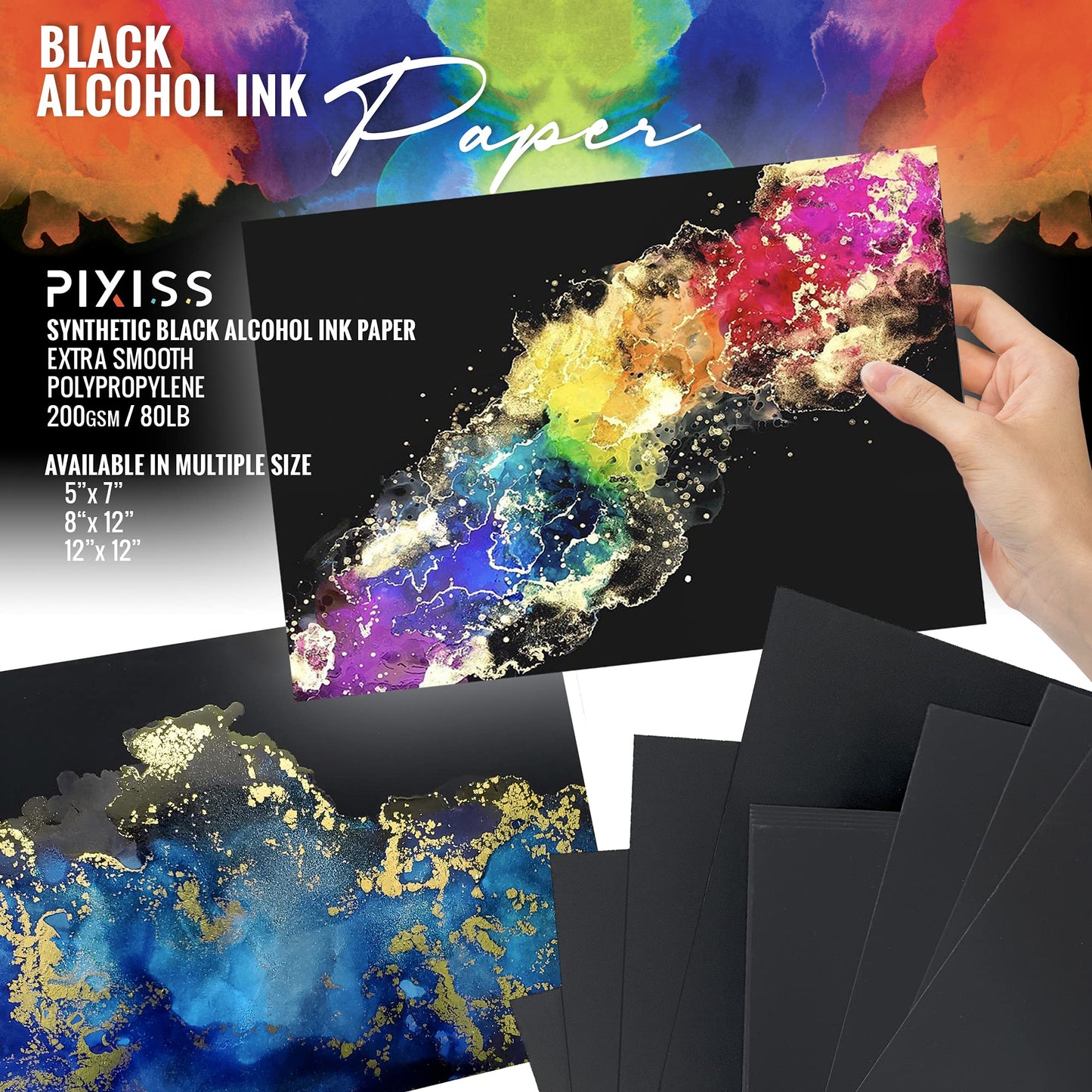 Black Alcohol Ink Paper - 25 Sheets Pixiss Heavy Weight Art Paper for Alcohol Ink & Watercolor - Extra Smooth Synthetic Paper A4 12x12 inches, 300gsm