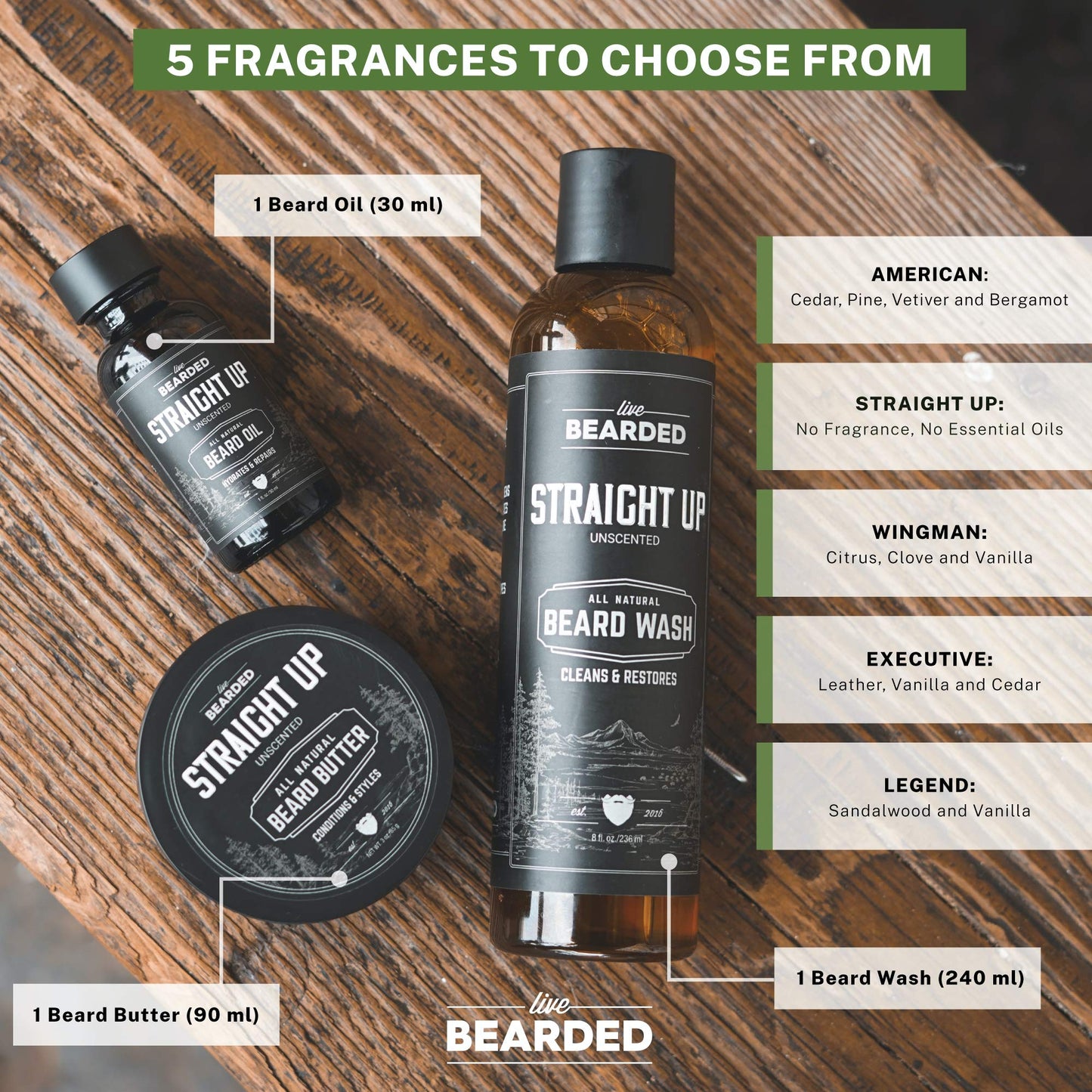 Live Bearded 3-Step Beard Grooming Kit - Wash, Oil and Butter - Made in the USA - All-Natural Ingredients with Shea, Jojoba - Growth Support | Legend Scent - Sandalwood, Vanilla