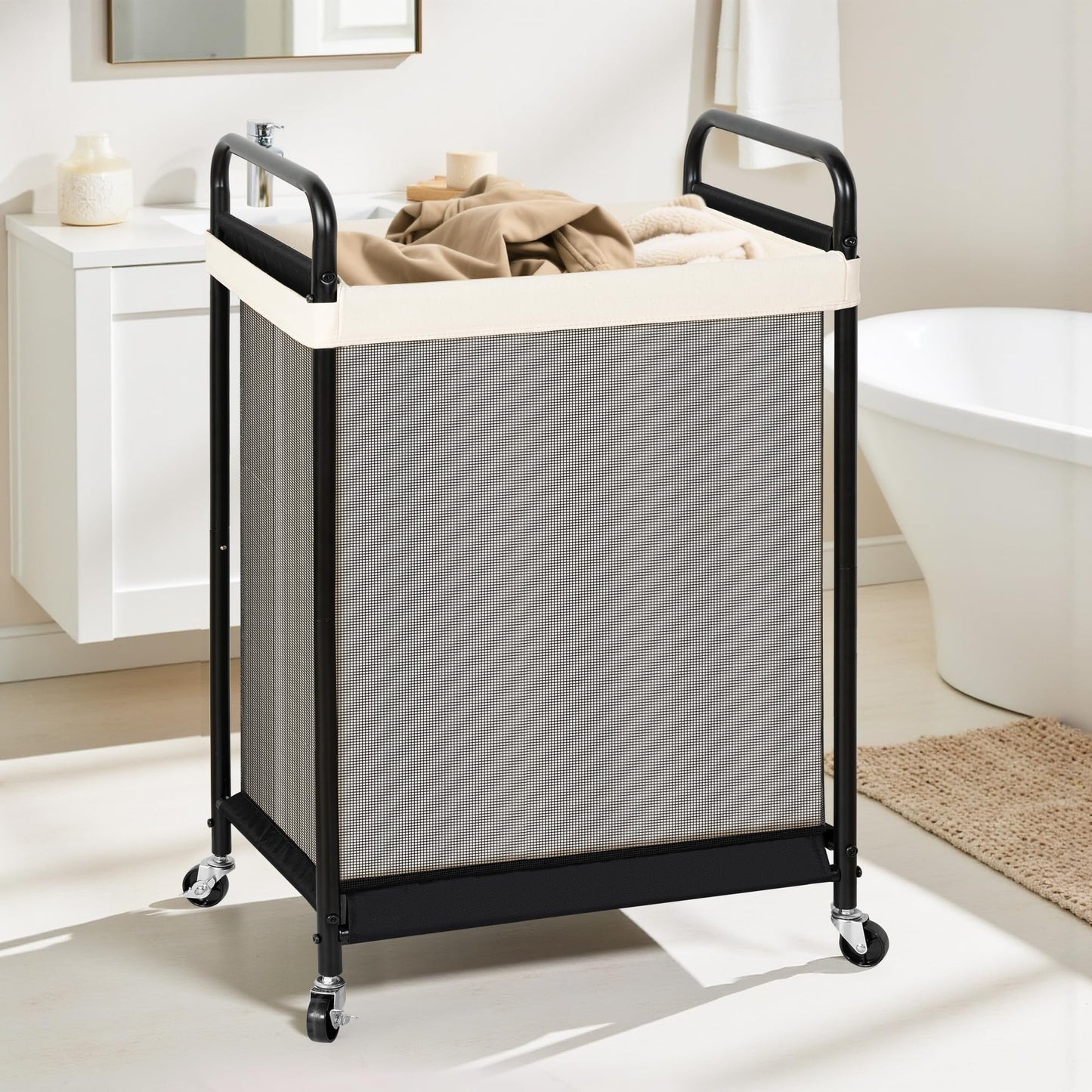 STO STO 120L Large Laundry Hamper with Wheels, Rolling Laundry Basket Cart with Removable Canvas Liner Bag, Lockable Wheels, Metal Frame, Dirty Clothes Hamper for Bedroom, Bathroom, Laundry Room