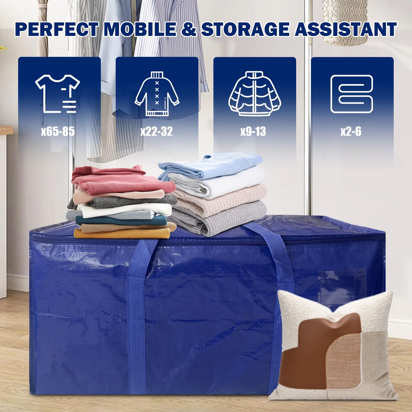 16 Pack Extra Heavy Duty Large Moving Bags with Strong Zipper & Carrying Handles, Sturdy Clothes Storage Bag Totes Bins, Packing Bags Moving Boxes College Moving Supplies, Dark Blue - 33 gal