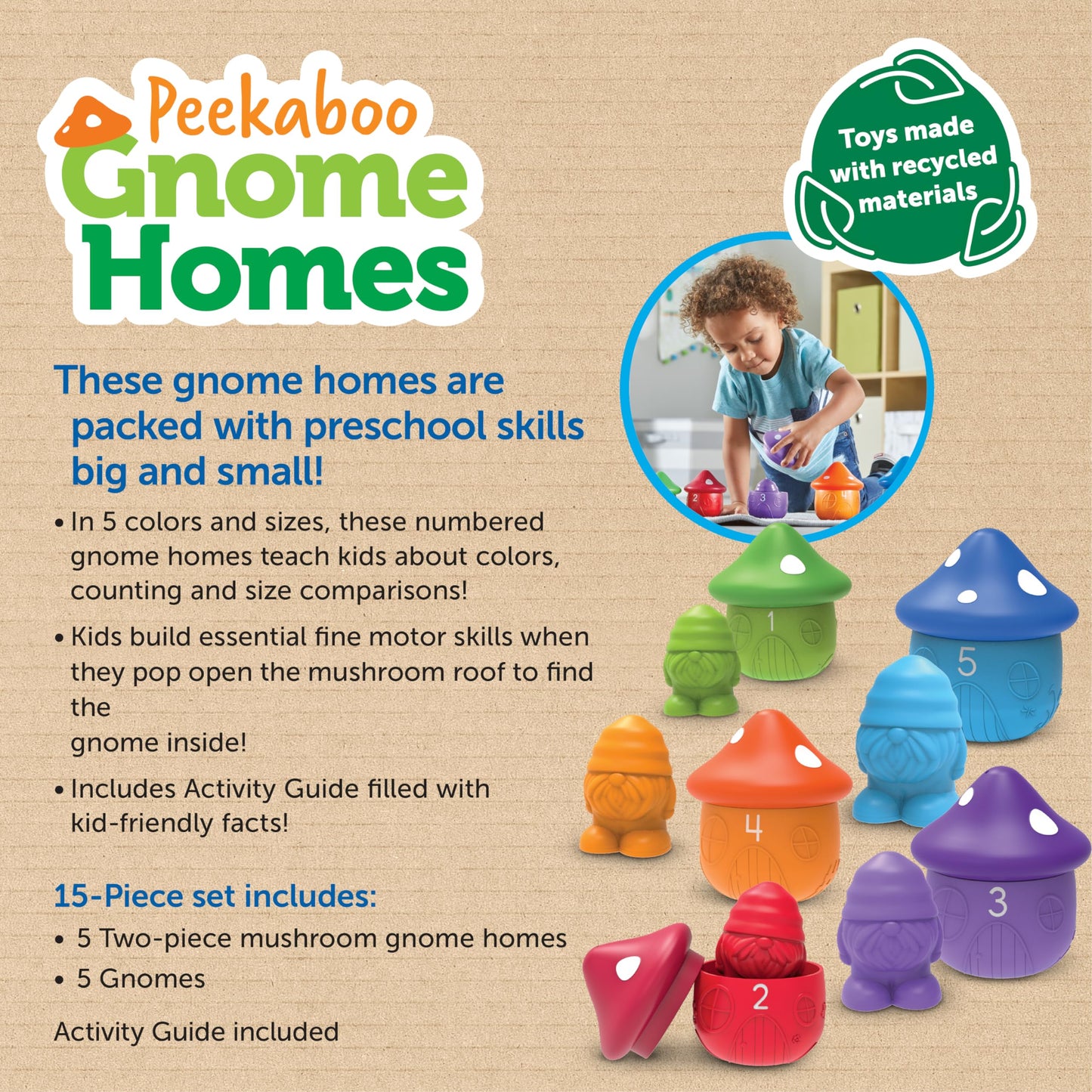 Learning Resources Peekaboo Gnome Homes - Eco Friendly Preschool Learning Toys, Montessori Toys for Toddlers Ages 18+ Months