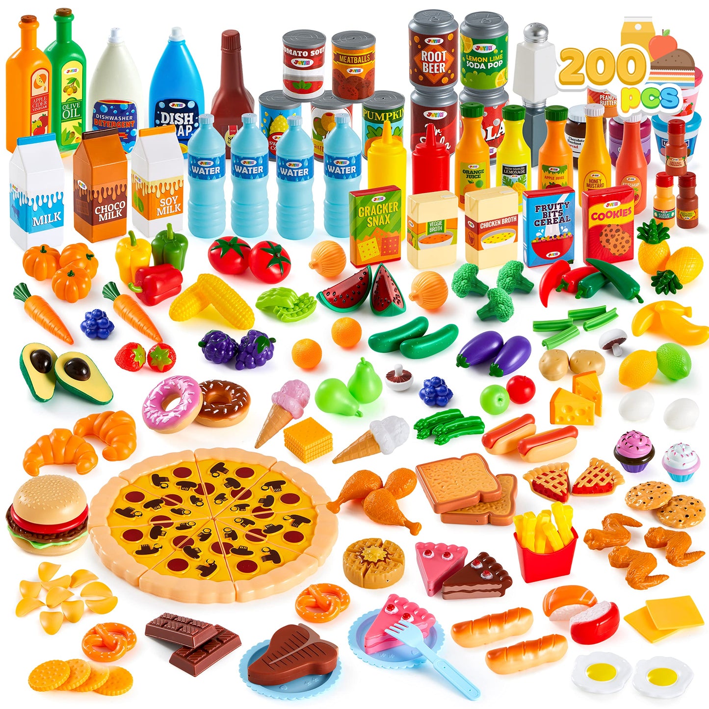 JOYIN 200 Pieces Kids Play Food Toy, Deluxe Pretend Play Set, Kids Kitchen Accessories with Realistic Colors, Toddler Birthday Gift, Party Toys