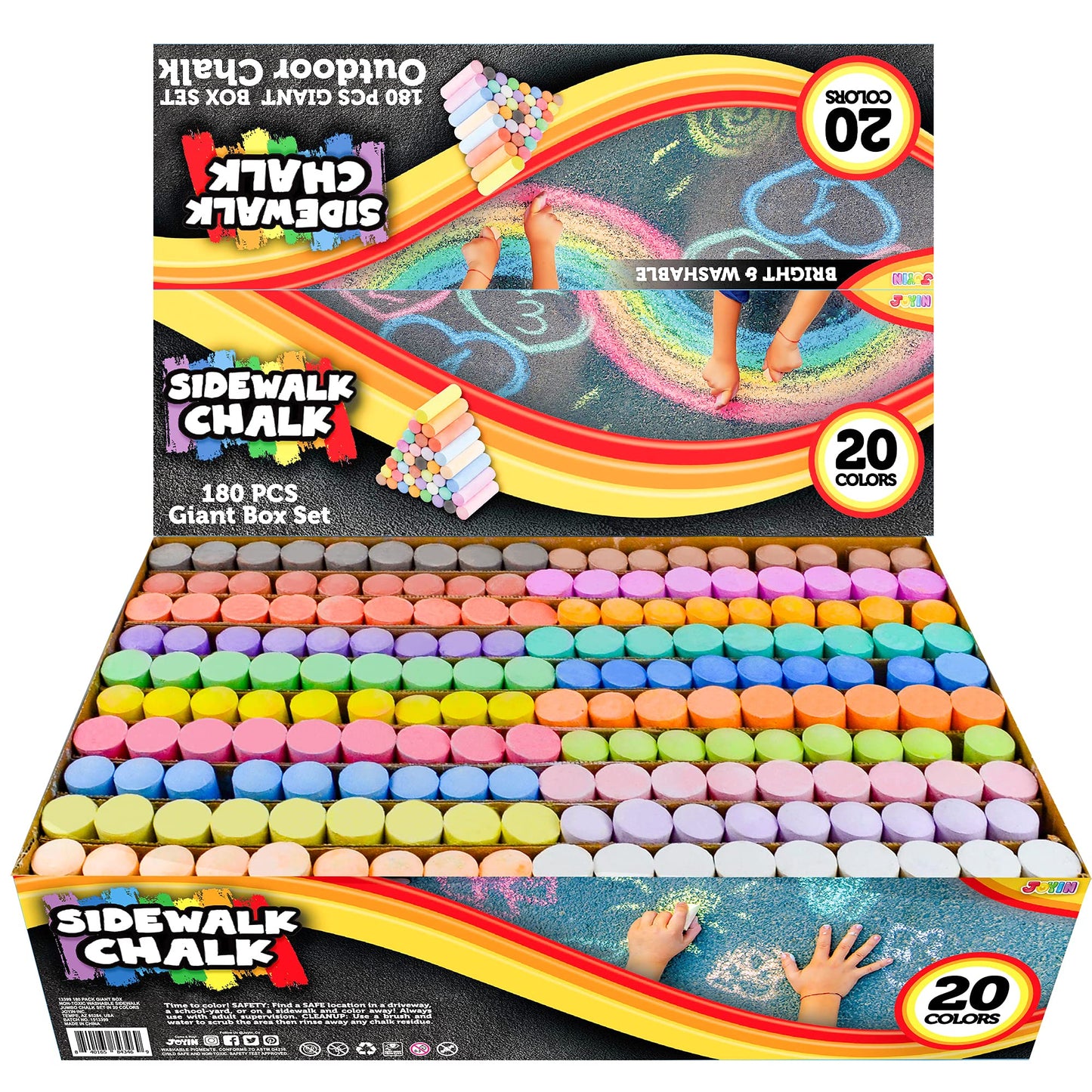 JOYIN 180 PCS Washable Sidewalk Chalks Set in 20 Colors Non-Toxic Jumbo Chalk for Outdoor Art Play, Painting on Chalkboard, Blackboard and Playground