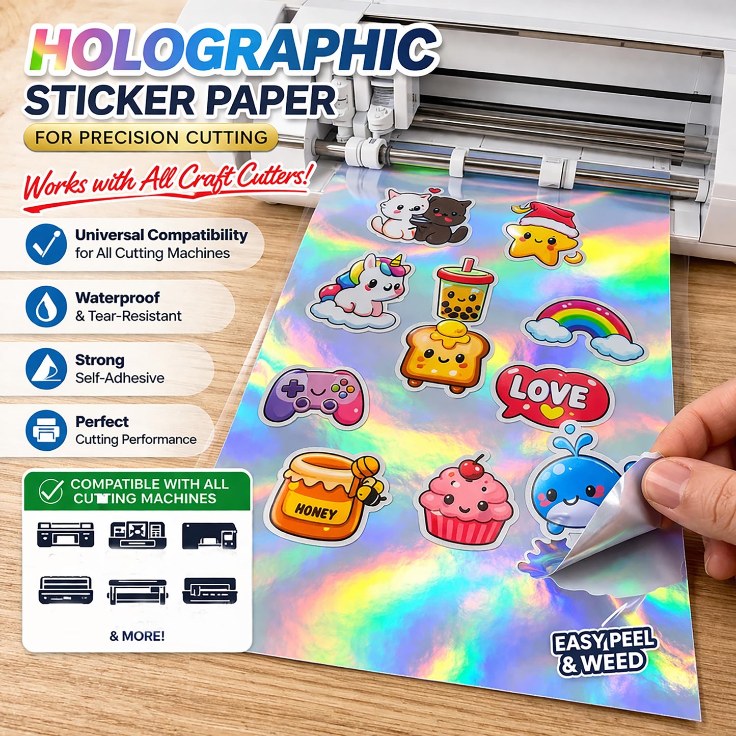 100 Sheets Holographic Sticker Paper 8.5x11 Inch Printable Waterproof Sticker Labels Rainbow Vinyl Sticker Paper for Inkjet or Laser Printer