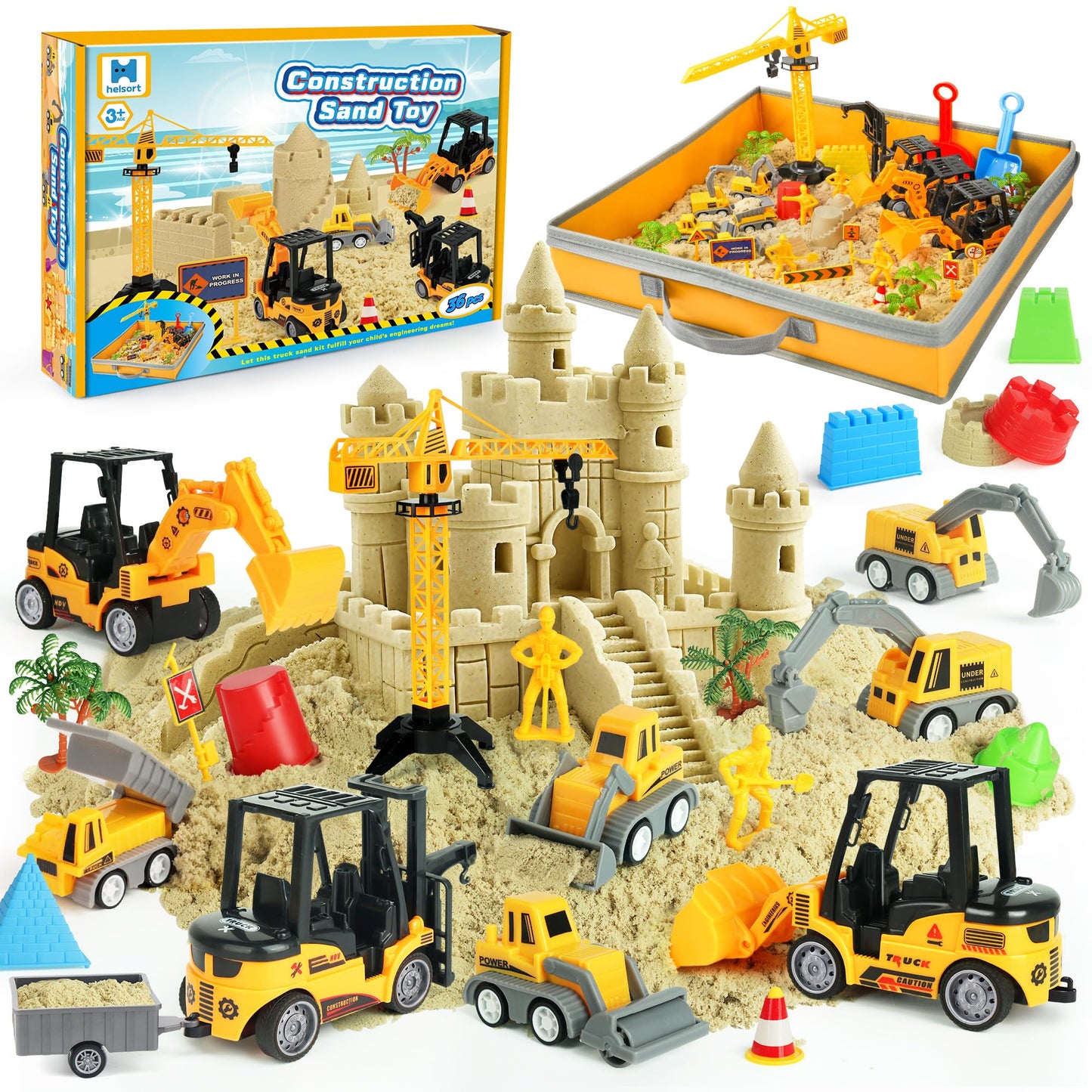 Sand Construction Site Kit - 37 Pcs Play Sand Art Kit with 8 Construction Trucks, Folding Sandbox, 2.2 lbs Magic Sand, Crane, Worker, Road Signs, Molds, Shovel - Ideal Toys for Boys Girls Age 3-8