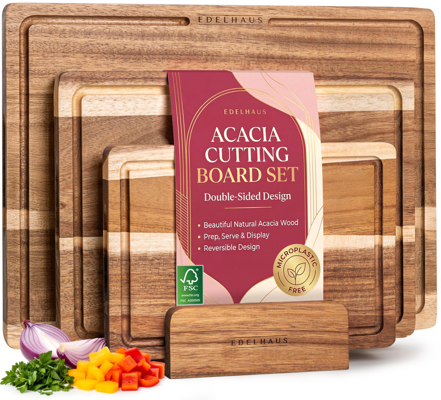 Acacia Wood Cutting Boards for Kitchen, Non-Toxic Chopping Board Set of 3 with Deep Juice Groove for Meat, Cheese & Vegetables - Durable & Double sided with serving Compartments & Holder, Stand