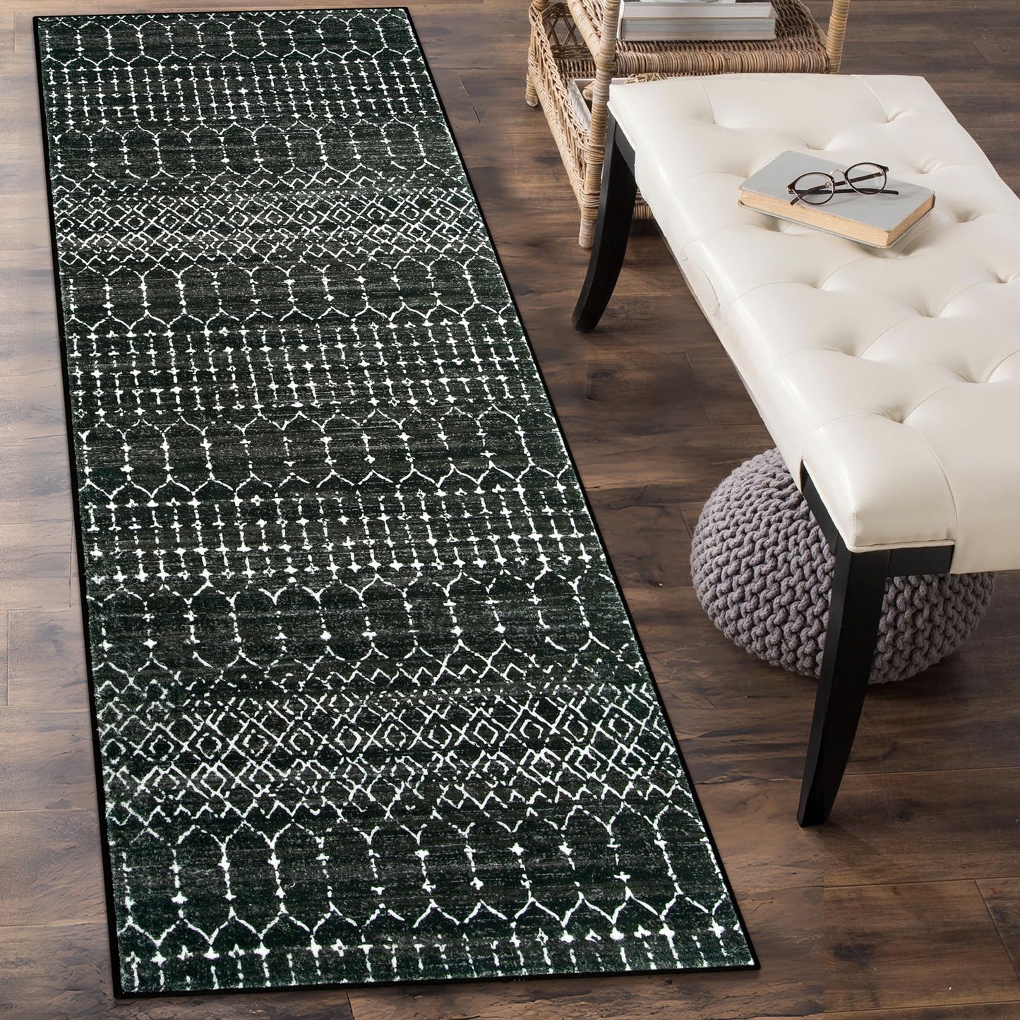 Lahome Moroccan Black Long Runner - Washable Hallway Rug, Ultra-Thin Non Slip Kitchen Runner, Soft Modern Print Indoor Floor Carpet for Entryway Stair (Black, 2'5''x12'')