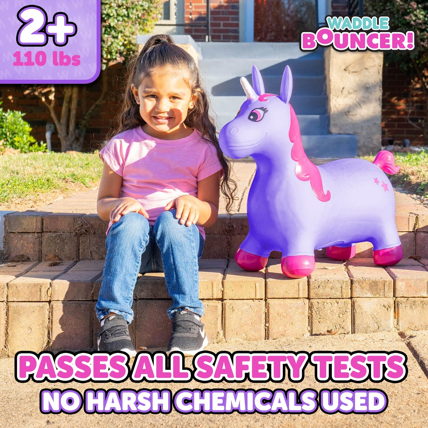 Waddle Bouncy Hopper Inflatable Hopping Animal, Indoors and Outdoors Toy for Toddlers and Kids, Pump Included, Boys and Girls Ages 2 Years and U (Purple Pink Unicorn)