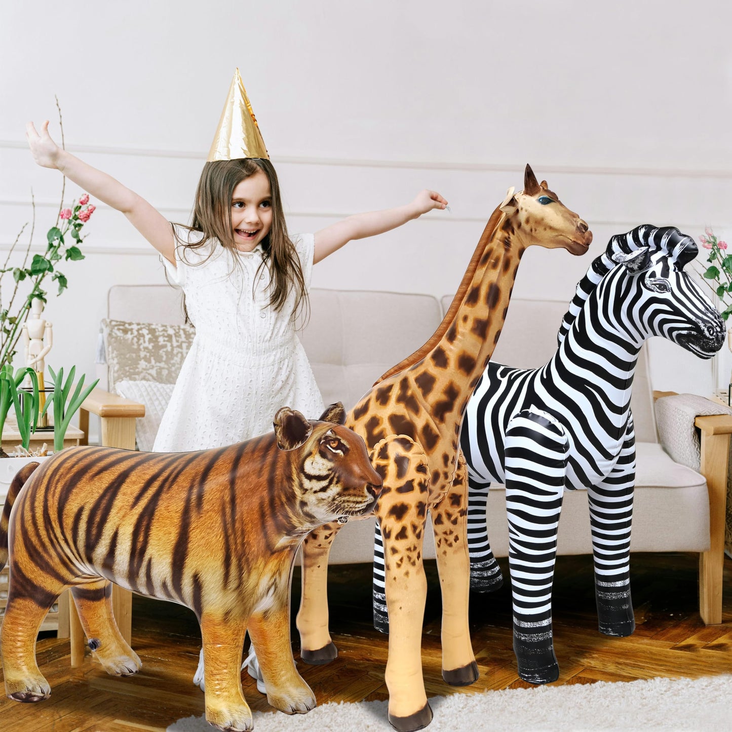 Jet Creations Life on Earth Wildlife Safari Inflatable, 3-PK, Giraffe(36"), Zebra(32"), Tiger(20"), Realistic Animals for Party Decoration, Pool, Birthday, Jungle Photo Prop