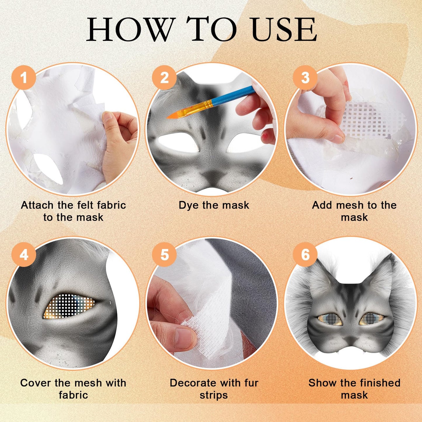 Seenelling 60 Pcs DIY Therian Mask Kit Blank Cat Mask with Felt Fabric Sheet Plush Faux Fur Eye Mesh for Therian Gear Stuff