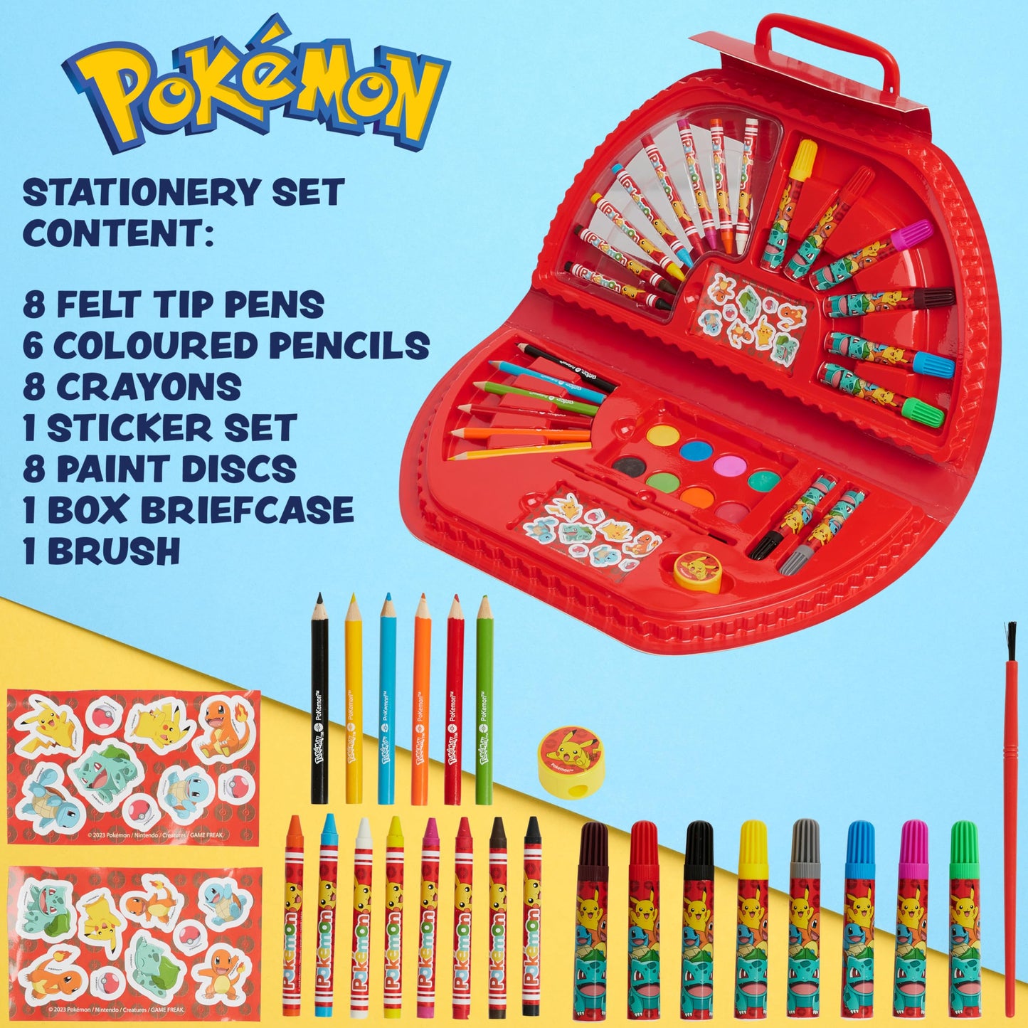 Pokemon Art Supplies Set with Colouring Pencils Felt Tip Pens Watercolour Paints Wax Crayons for Drawing Painting Set Pikachu Travel Art Set Anime Gifts (Black/Red)