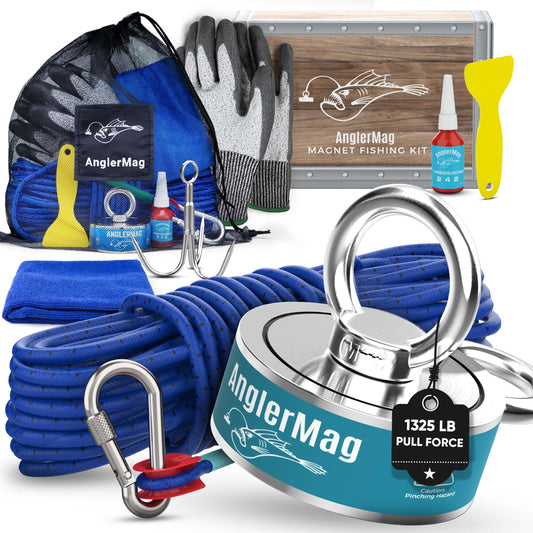 AnglerMag Magnet Fishing Kit, 1325 lbs Double Sided Magnetic Fishing Kit with Rope, Carabiner, Gloves, Grappling Hook & Carrying Bag, 10 Piece Complete Set
