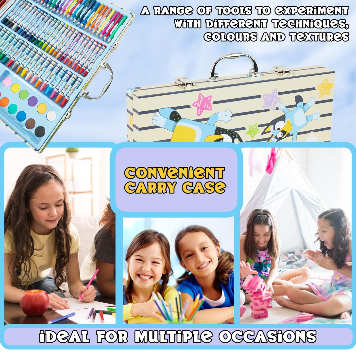 Bluey Art Set for Kids Colouring Pencils Paints Felt Tip Pens Crayons Stationery Crafts Girls Boys Art Supplies Preschool Travel 40 Plus Pcs Gift Set (Blue Case)