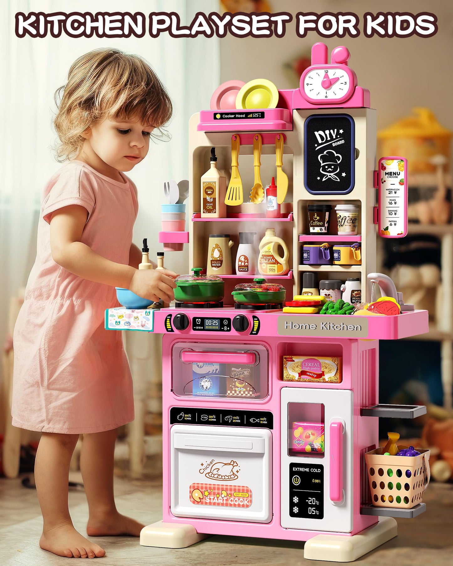 33.8IN Kids Kitchen Playset, 70PCS Kid Play Kitchen with Realistic Lights & Sounds, Spray Sink Toy Kitchen Accessories, Pretend Food Toys Kitchen for Boys Girls Toddlers Age 1-3(Pink)
