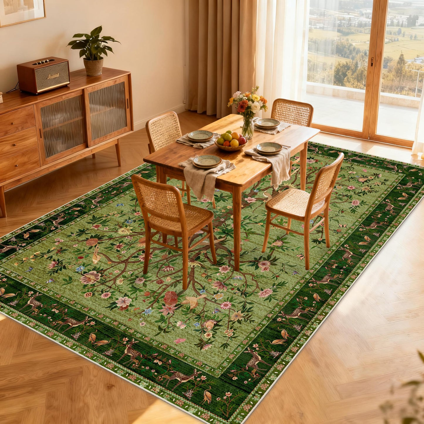 TANVILL Green Area Rugs 5x7, Machine Washable Non-Slip Rug, Boho Floral Botanical Soft Low Pile Throw Rugs for Living Room, Bedroom, Dining Room, Office