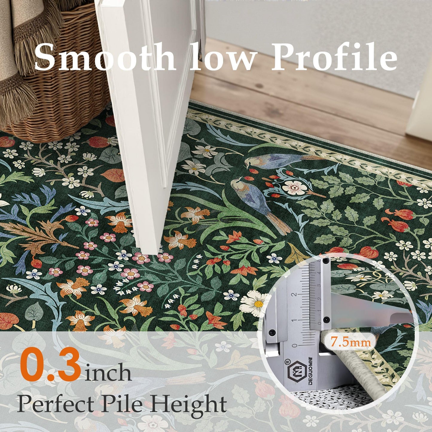 WondRg 6x9 Washable Dark Green Floral Area Rug for Living Room Soft Non-Slip Large Rug for Kids Room Boho Low Pile Stain Resistant Carpet for Bedroom Kitchen Office Dining Playroom Indoor
