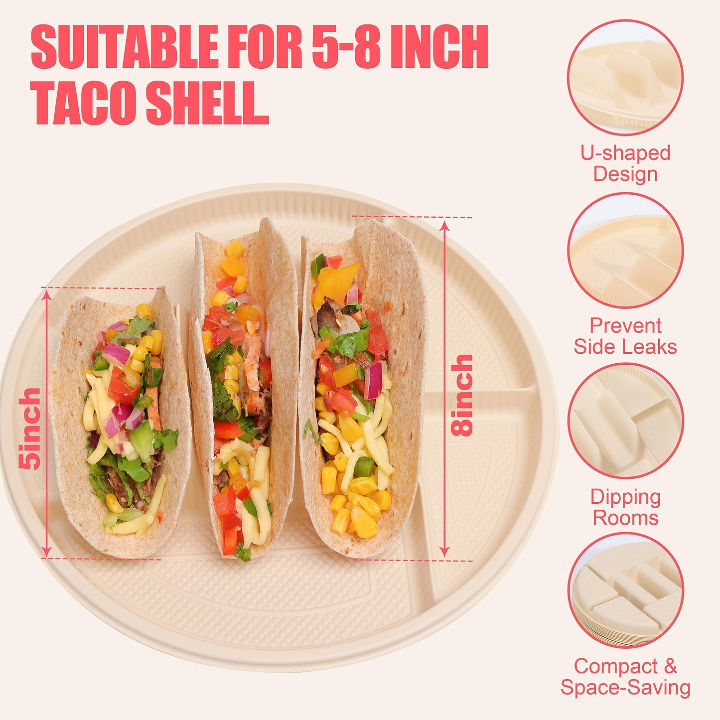 Large Disposable Taco Plates with Room for Sides, Biodegradable Cornstarch, Fits 6-8 Inch Soft or Hard Tortillas, Perfect for Taco Tuesdays, Party, Night, Bar, and Fiesta, Microwave Safe – 60 Pack