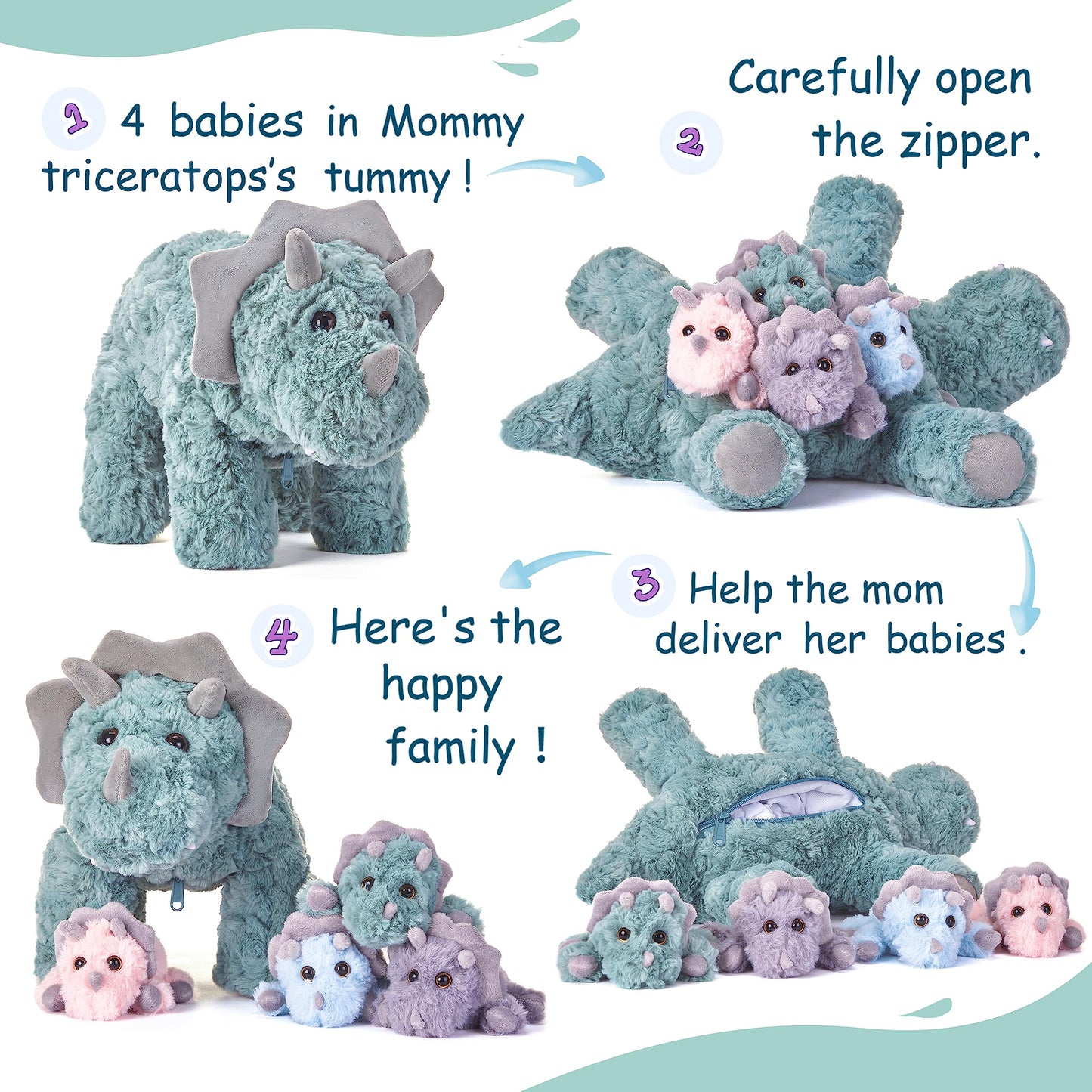 EARTHSOUND Triceratops Dinosaur Mom and Baby Stuffed Animal Mommy Plush,18" Cute Small Mama Soft Toy with Little Babies,Gift for Kid (Triceratops)