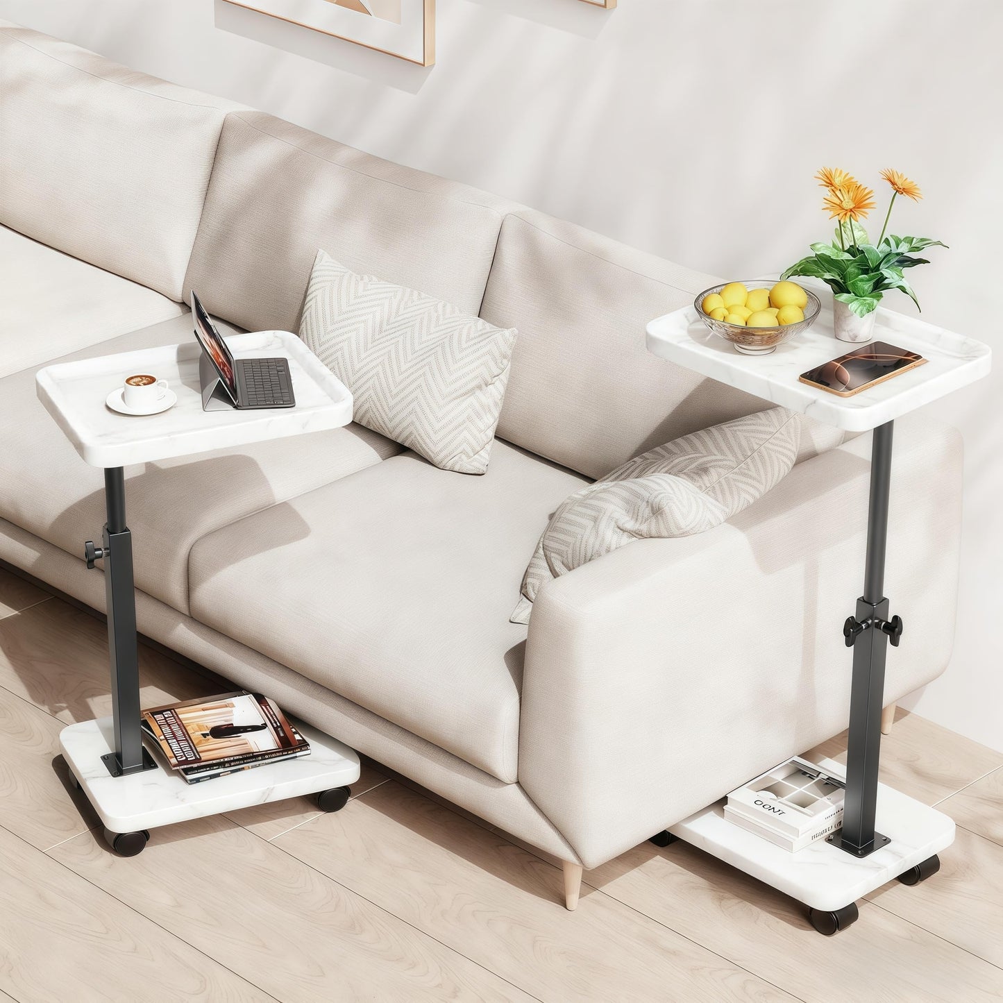 SJIE C Table End Table Adjustable Height, 360°Swivel TV Tray Table for Small Spaces, Side Tables with Wheels for Living Room and Bedroom, Bed (White)