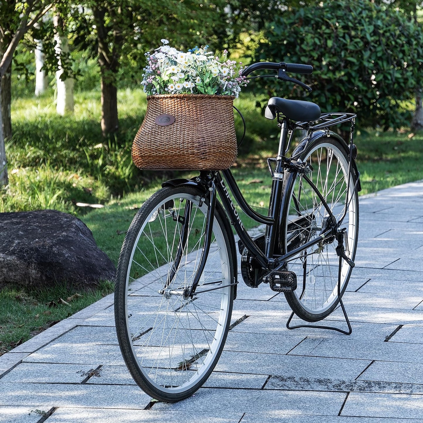 CXWXC Bike Basket - Handmade Rattan Bike Baskets for Girls Women - Front Bicycle Bike Basket with Coffee Cup Holder for Beach Cruiser, Scooter, Ebike (Brown)
