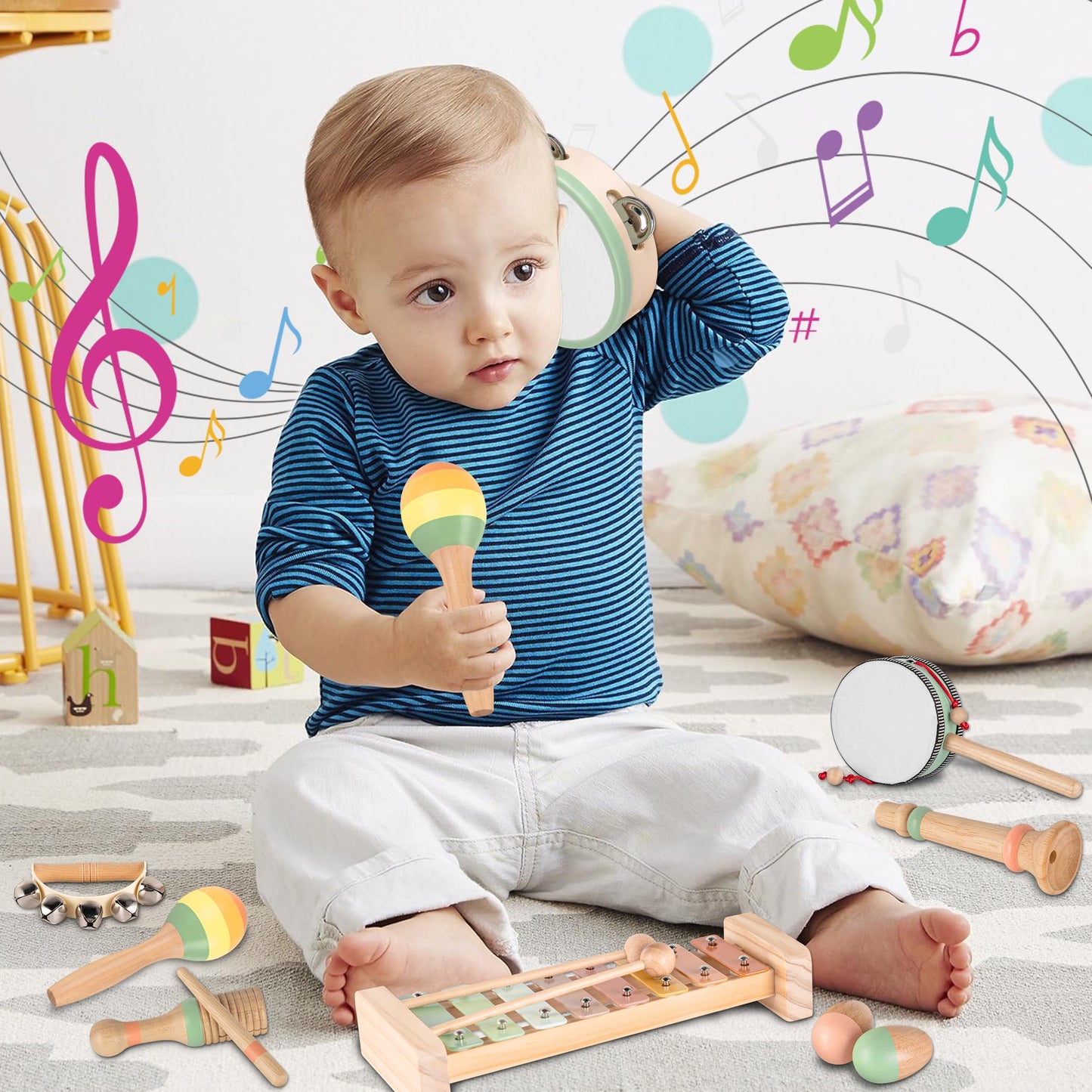 VINJOE Montessori Wooden Musical Instruments for 1-3 Years Old Kids Neutral Colors Early Learning Musical Instrument Set