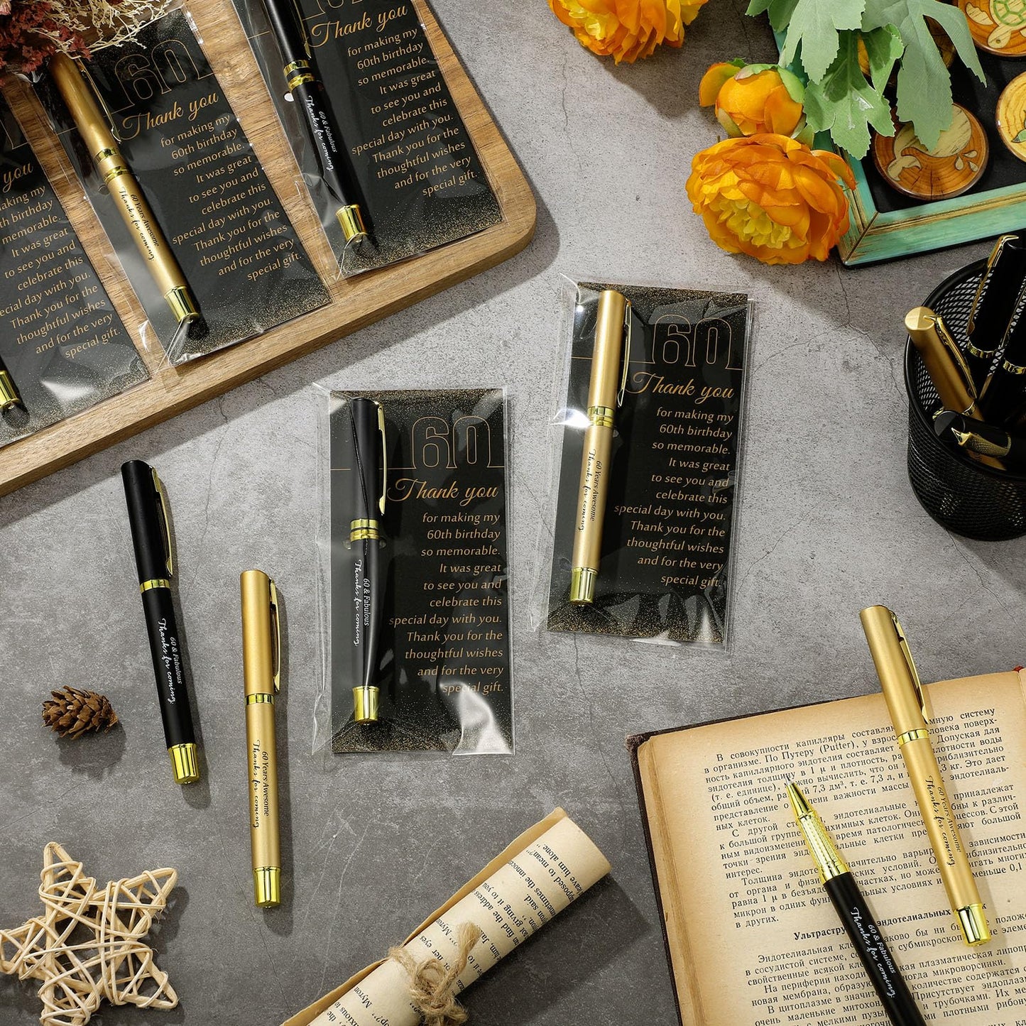 Feifeiya 50 Set 60th Birthday Party Favor for Guest Anniversary Party Favor with Black and Gold Ballpoint Pens and Thank You Cards for Women Men Birthday Anniversary Appreciation Gifts