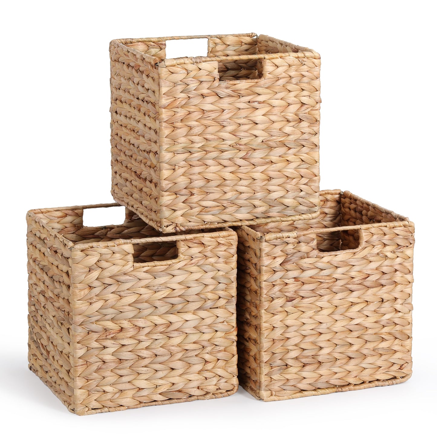 12 x 12 x 12in Water Hyacinth Storage Baskets, Wicker Storage Baskets for Shelves, Foldable Square Bins for IKEA Kallax Set of 3, Large Cubby Rattan Basket, Wicker Basket for Organizing