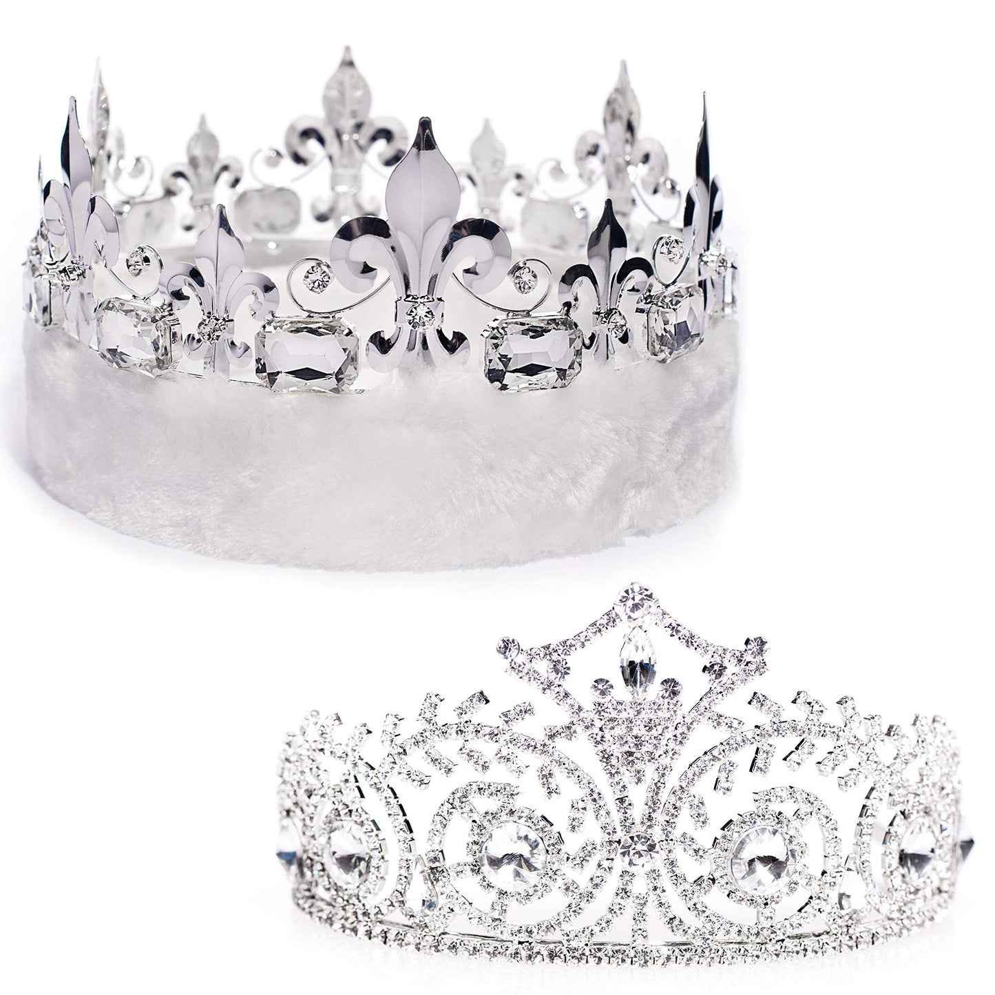 Anderson's Fleur-de-Lis Crown with White Faux Fur and Elsa Queen Tiara Royalty Set, King and Queen Set For Prom, Homecoming, School Dance, Costume, Party, Pageant, Event
