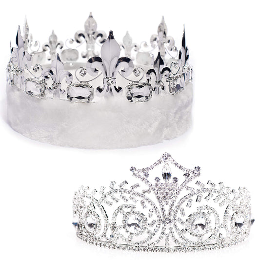 Anderson's Fleur-de-Lis Crown with White Faux Fur and Elsa Queen Tiara Royalty Set, King and Queen Set For Prom, Homecoming, School Dance, Costume, Party, Pageant, Event