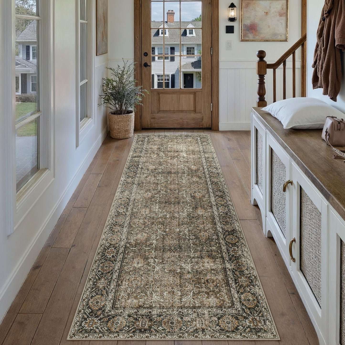 PureCozy Brown Runner Rug 3x12 Vintage Area Carpet Hallway Long Indoor Kitchen Washable Living Room Low Pile Traditional Distressed Retro Accent Throw Rug Non Slip Laundry Bathroom Office Dining Room
